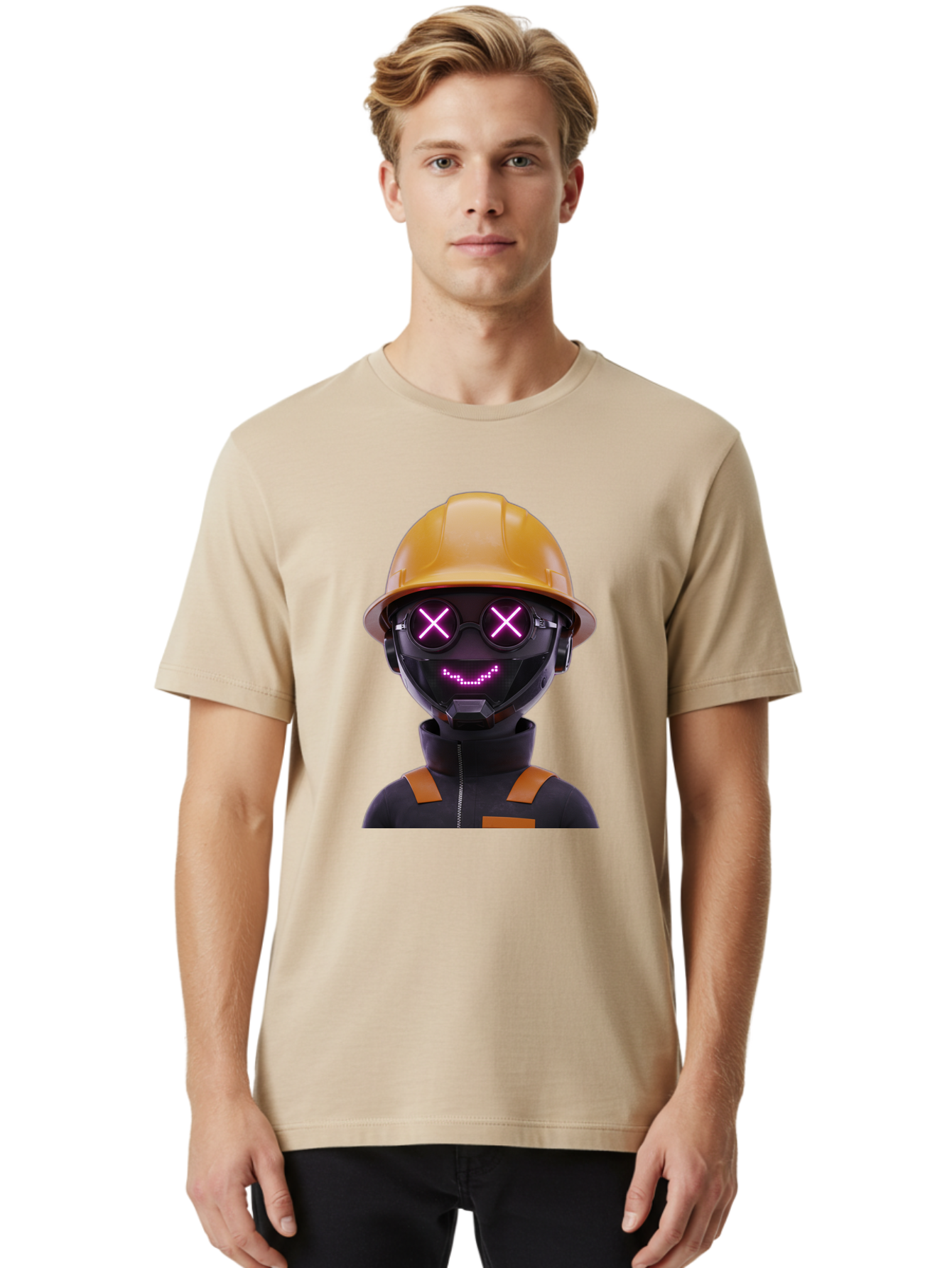 Robot-With-Construction-Hat Men'S Graphic Tee, 100% Cotton, Comfortable Casual Summer Wear, Machine Washable, Robot Character, Futuristic Design, Yellow Hard Hat, Neon Purple Eyes With X, Smiling Face, Black And Orange Jumpsuit, Bad498