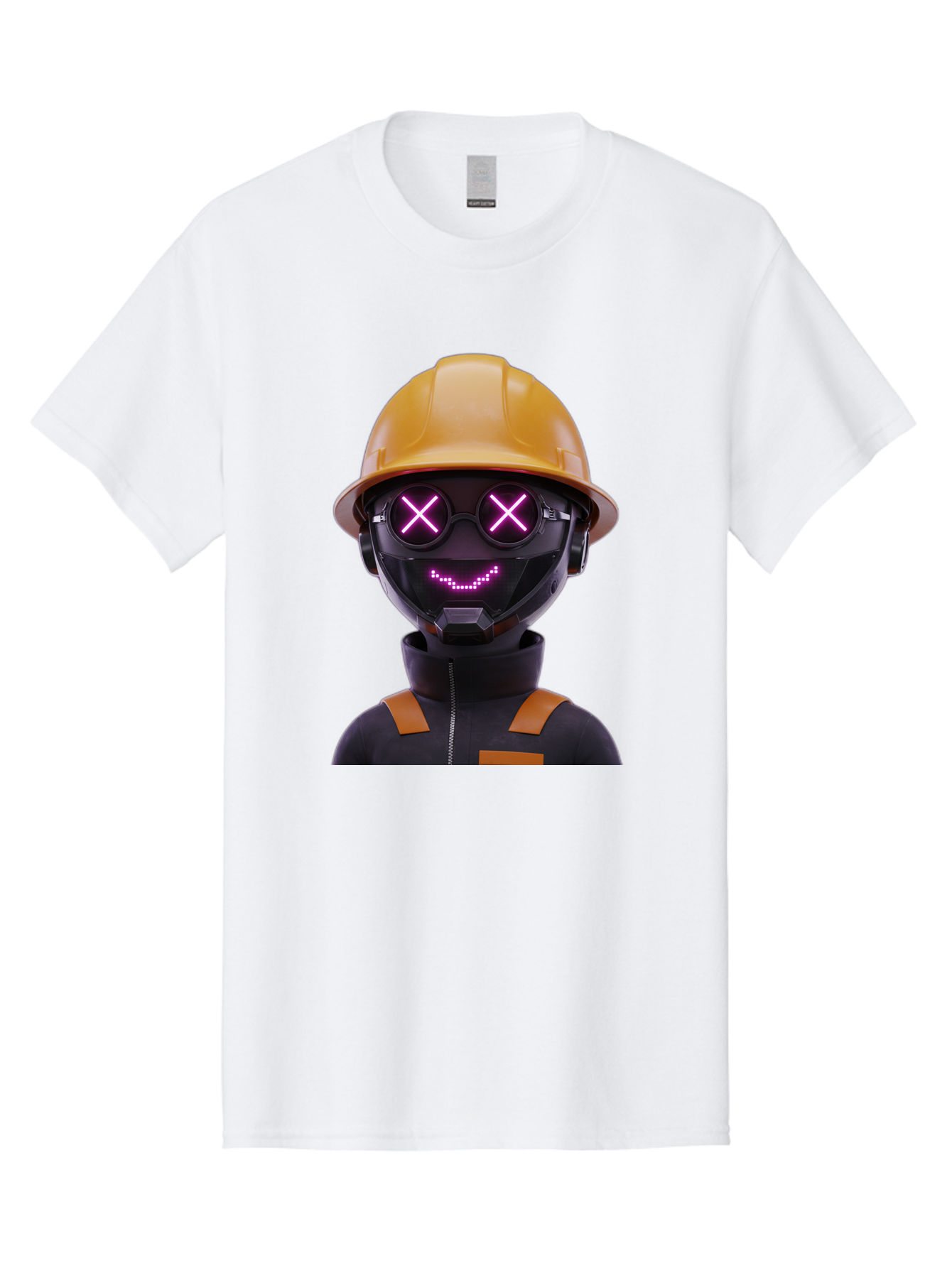 Robot-With-Construction-Hat Men'S Graphic Tee, 100% Cotton, Comfortable Casual Summer Wear, Machine Washable, Robot Character, Futuristic Design, Yellow Hard Hat, Neon Purple Eyes With X, Smiling Face, Black And Orange Jumpsuit, Bad498