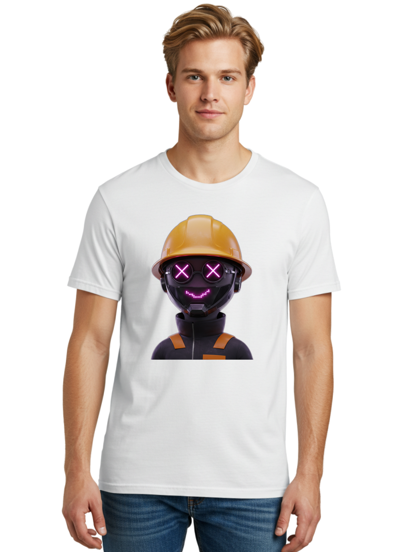 Robot-With-Construction-Hat Men'S Graphic Tee, 100% Cotton, Comfortable Casual Summer Wear, Machine Washable, Robot Character, Futuristic Design, Yellow Hard Hat, Neon Purple Eyes With X, Smiling Face, Black And Orange Jumpsuit, Bad498