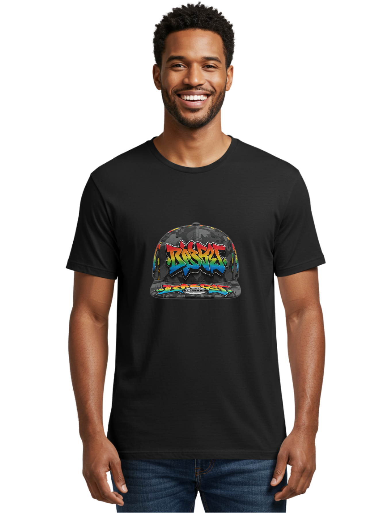 Rocket Men'S Graphic Tee, 100% Cotton, Comfortable Casual Summer Wear, Machine Washable, Rocket Baseball Cap, Camouflage Pattern, Graffiti Design, Vibrant Colors, Streetwear Fashion, Urban Style, Bold Graphics, Casual Clothing Bad499