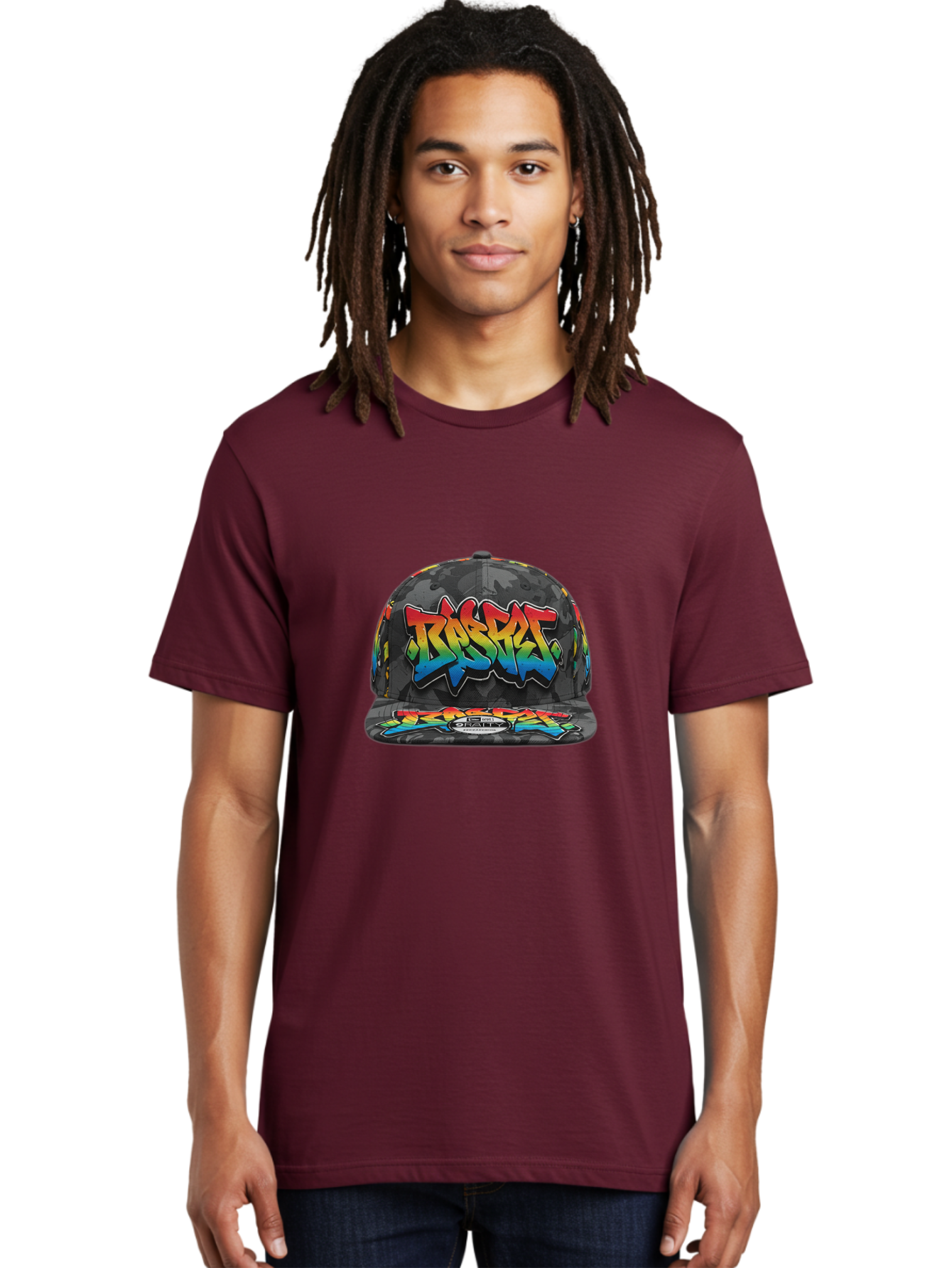 Rocket Men'S Graphic Tee, 100% Cotton, Comfortable Casual Summer Wear, Machine Washable, Rocket Baseball Cap, Camouflage Pattern, Graffiti Design, Vibrant Colors, Streetwear Fashion, Urban Style, Bold Graphics, Casual Clothing Bad499