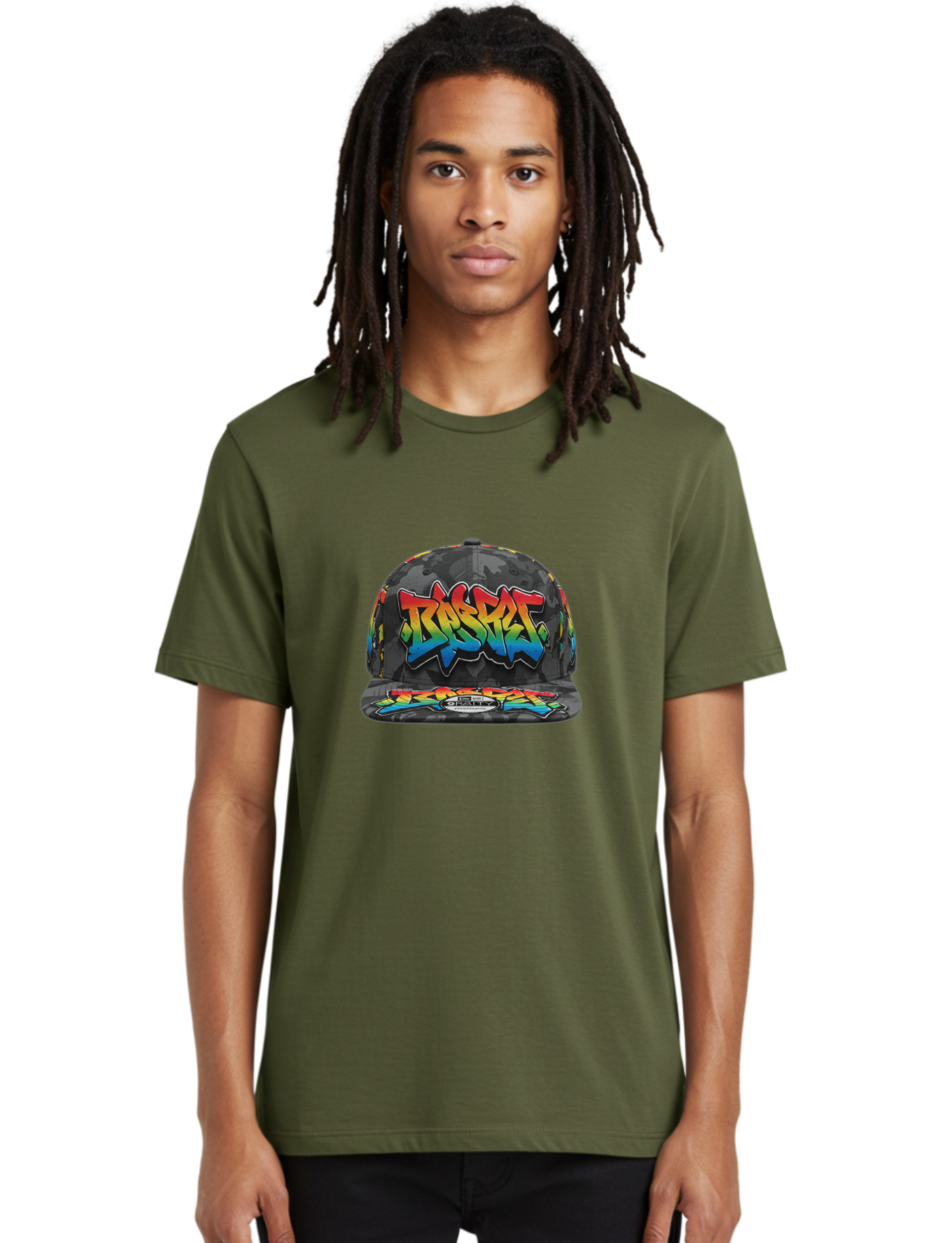 Rocket Men'S Graphic Tee, 100% Cotton, Comfortable Casual Summer Wear, Machine Washable, Rocket Baseball Cap, Camouflage Pattern, Graffiti Design, Vibrant Colors, Streetwear Fashion, Urban Style, Bold Graphics, Casual Clothing Bad499