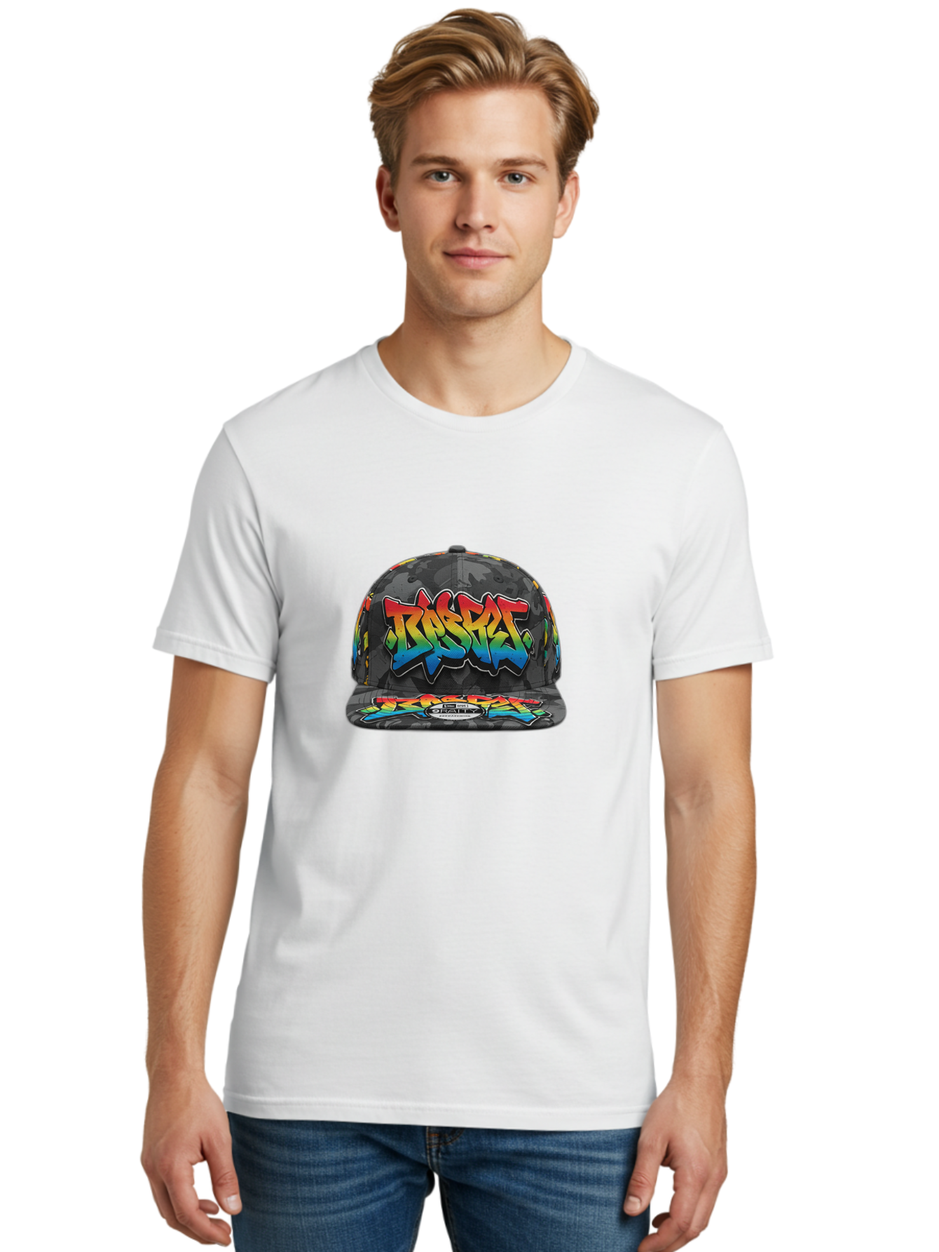 Rocket Men'S Graphic Tee, 100% Cotton, Comfortable Casual Summer Wear, Machine Washable, Rocket Baseball Cap, Camouflage Pattern, Graffiti Design, Vibrant Colors, Streetwear Fashion, Urban Style, Bold Graphics, Casual Clothing Bad499