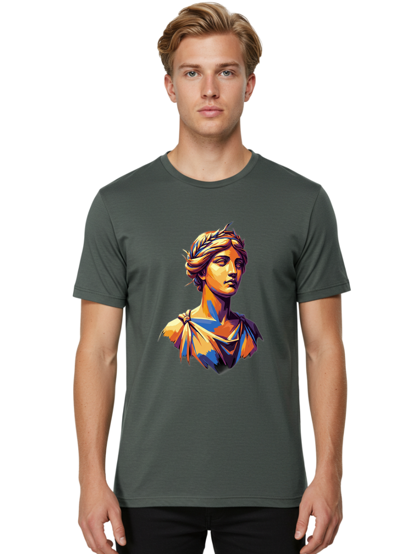 Roman-Bust Men'S Graphic Tee, 100% Cotton, Comfortable Casual Summer Wear, Machine Washable, Classical Statue, Ancient Greek, Laurel Wreath, Marble Bust, Historical Figure, Mythological Character, Artistic Sculpture, Cultural Heritage, Bad500