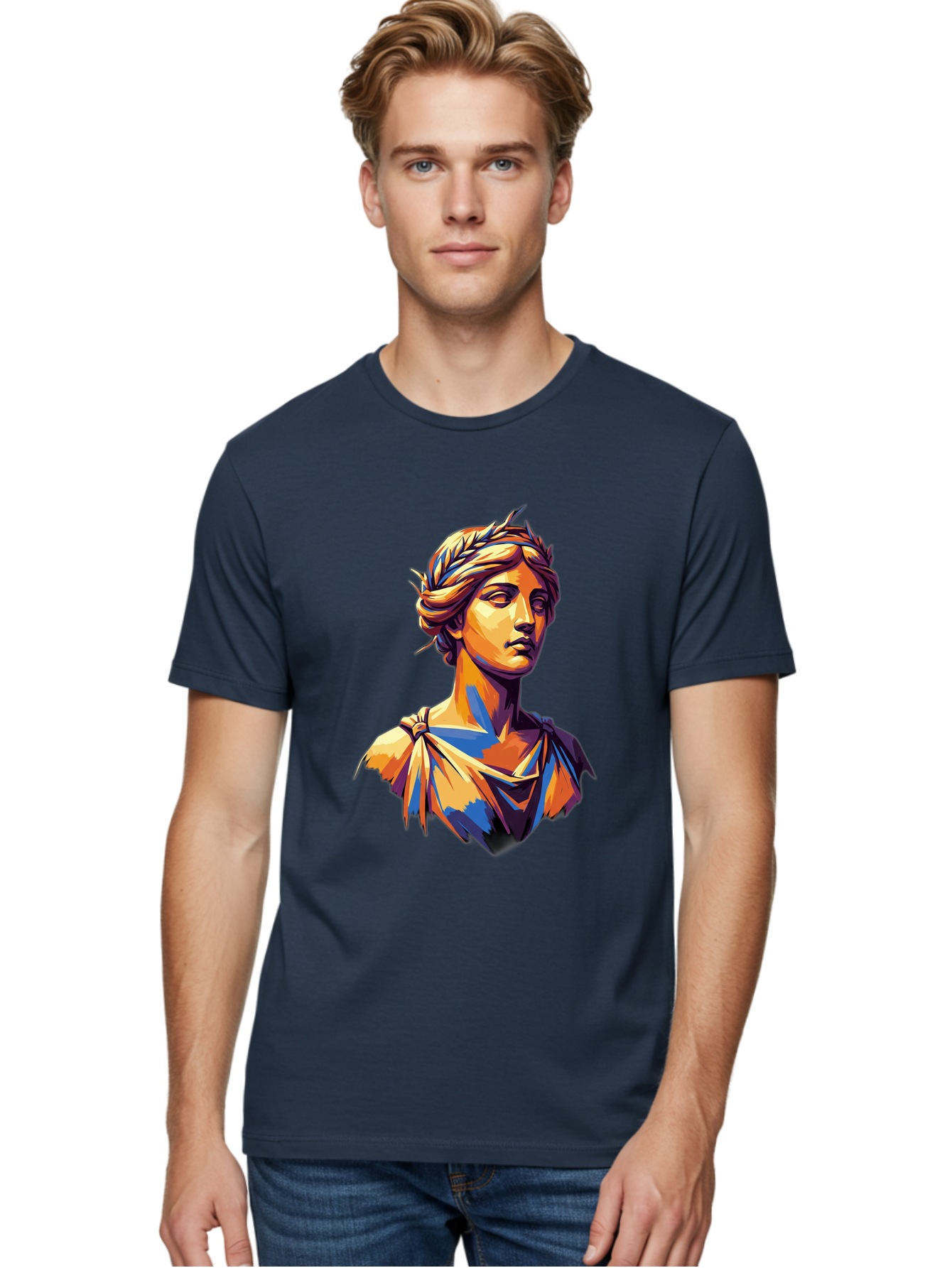 Roman-Bust Men'S Graphic Tee, 100% Cotton, Comfortable Casual Summer Wear, Machine Washable, Classical Statue, Ancient Greek, Laurel Wreath, Marble Bust, Historical Figure, Mythological Character, Artistic Sculpture, Cultural Heritage, Bad500