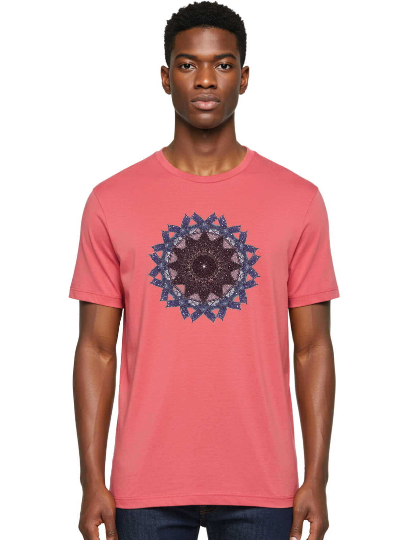 Sacred-Geometry-Star Men'S Graphic Tee, 100% Cotton, Comfortable Casual Summer Wear, Machine Washable, Sacred Geometry, Mandala Art, Geometric Patterns, Star Symbol, Spiritual Design, Mystical Shapes, Cosmic Theme, Intricate Details, Bad501
