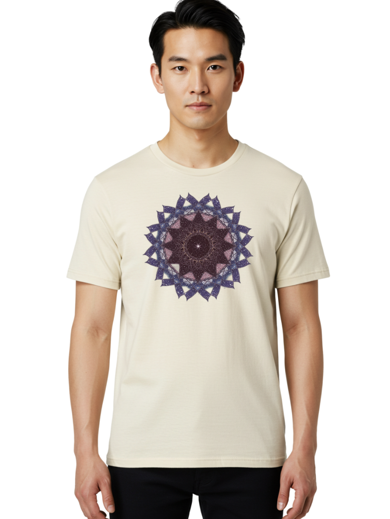 Sacred-Geometry-Star Men'S Graphic Tee, 100% Cotton, Comfortable Casual Summer Wear, Machine Washable, Sacred Geometry, Mandala Art, Geometric Patterns, Star Symbol, Spiritual Design, Mystical Shapes, Cosmic Theme, Intricate Details, Bad501
