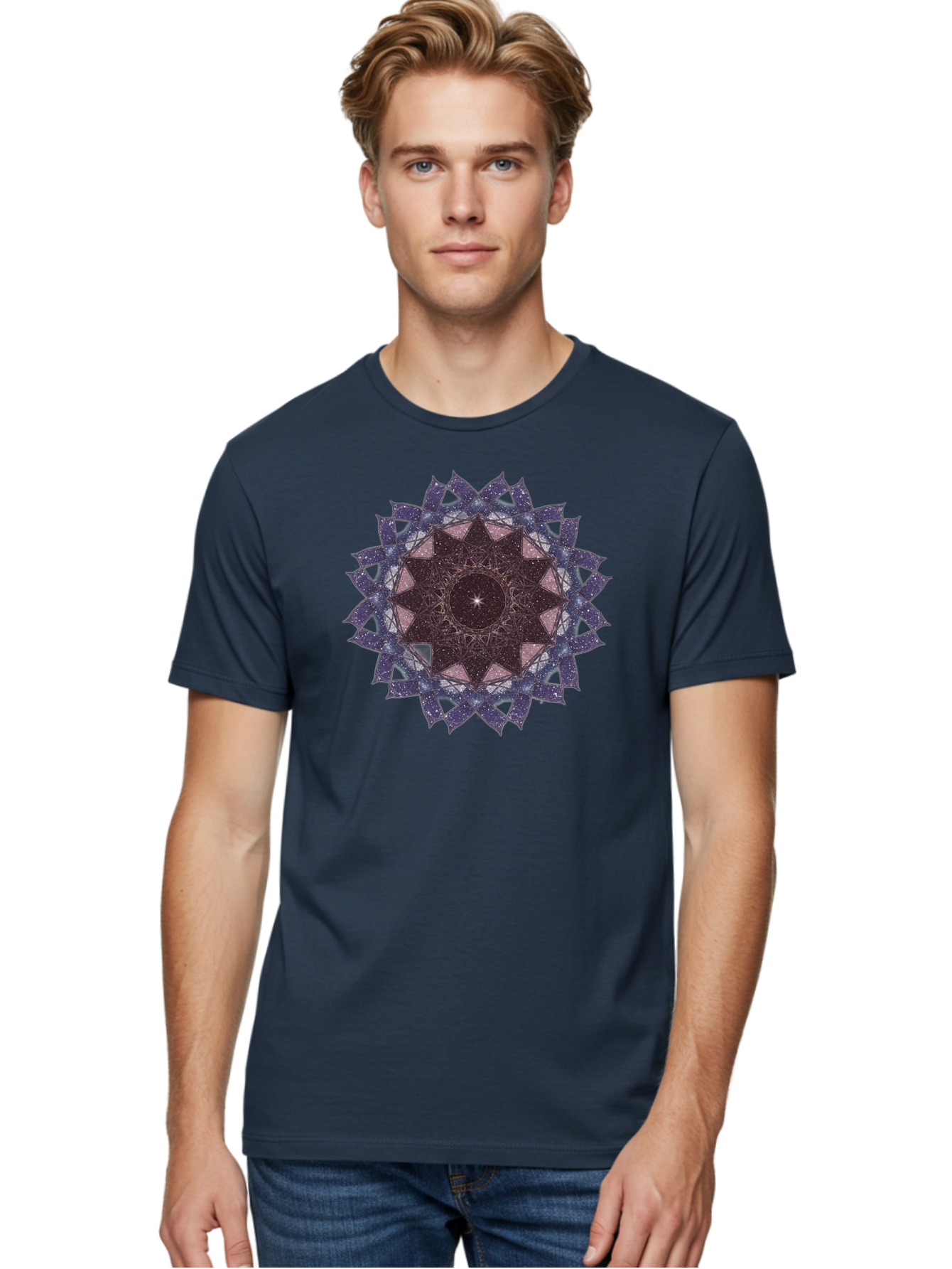 Sacred-Geometry-Star Men'S Graphic Tee, 100% Cotton, Comfortable Casual Summer Wear, Machine Washable, Sacred Geometry, Mandala Art, Geometric Patterns, Star Symbol, Spiritual Design, Mystical Shapes, Cosmic Theme, Intricate Details, Bad501