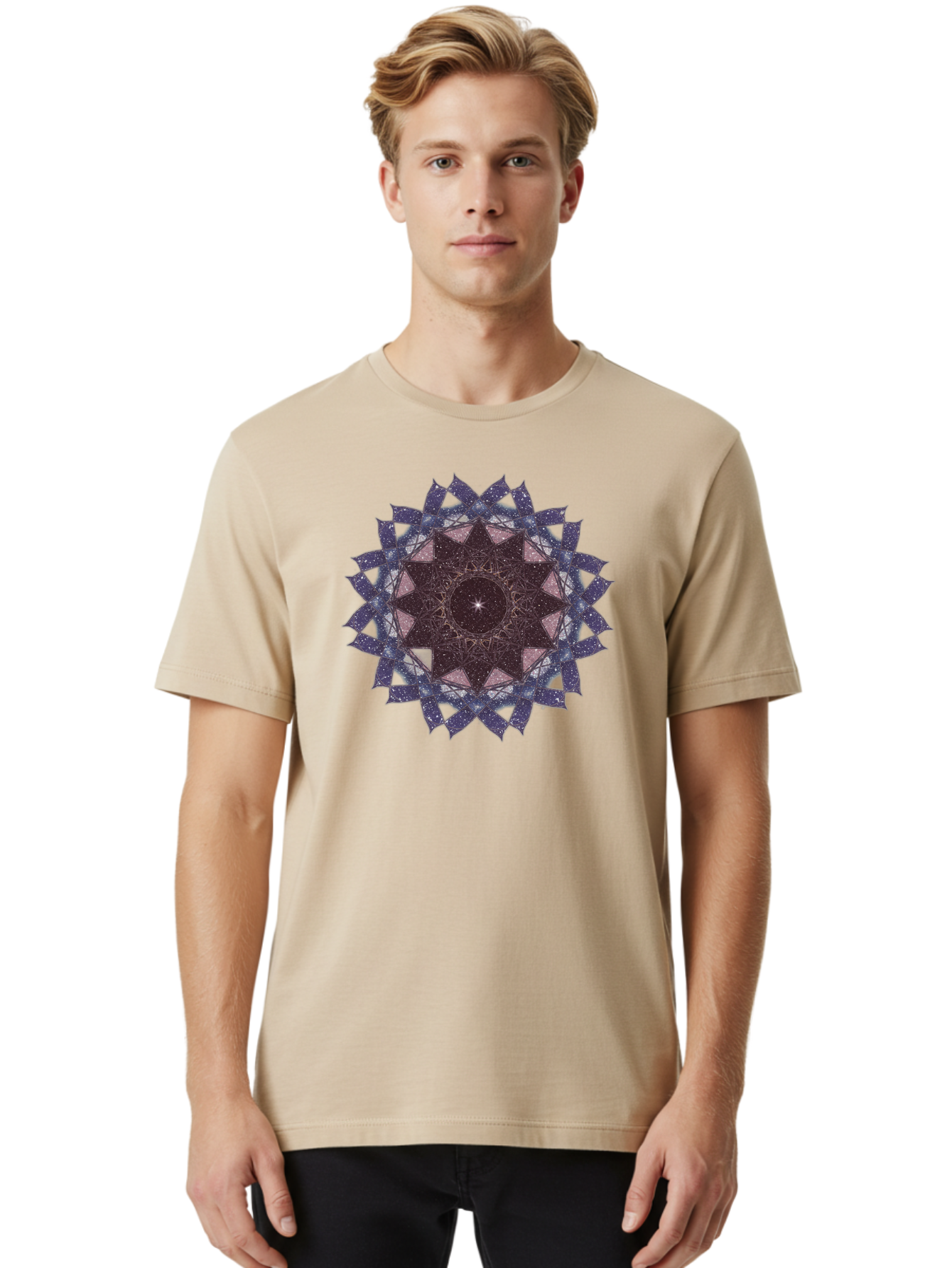 Sacred-Geometry-Star Men'S Graphic Tee, 100% Cotton, Comfortable Casual Summer Wear, Machine Washable, Sacred Geometry, Mandala Art, Geometric Patterns, Star Symbol, Spiritual Design, Mystical Shapes, Cosmic Theme, Intricate Details, Bad501