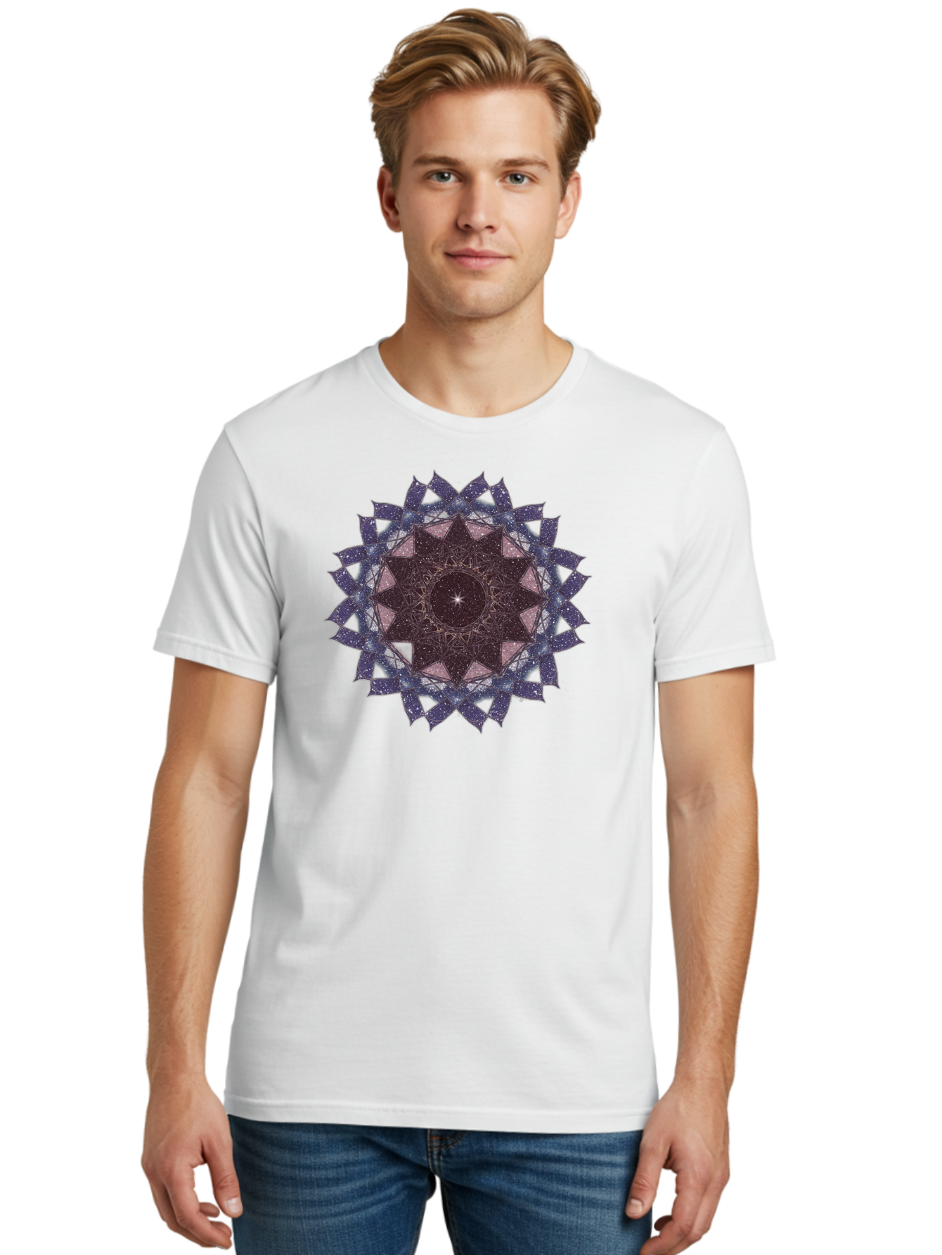 Sacred-Geometry-Star Men'S Graphic Tee, 100% Cotton, Comfortable Casual Summer Wear, Machine Washable, Sacred Geometry, Mandala Art, Geometric Patterns, Star Symbol, Spiritual Design, Mystical Shapes, Cosmic Theme, Intricate Details, Bad501