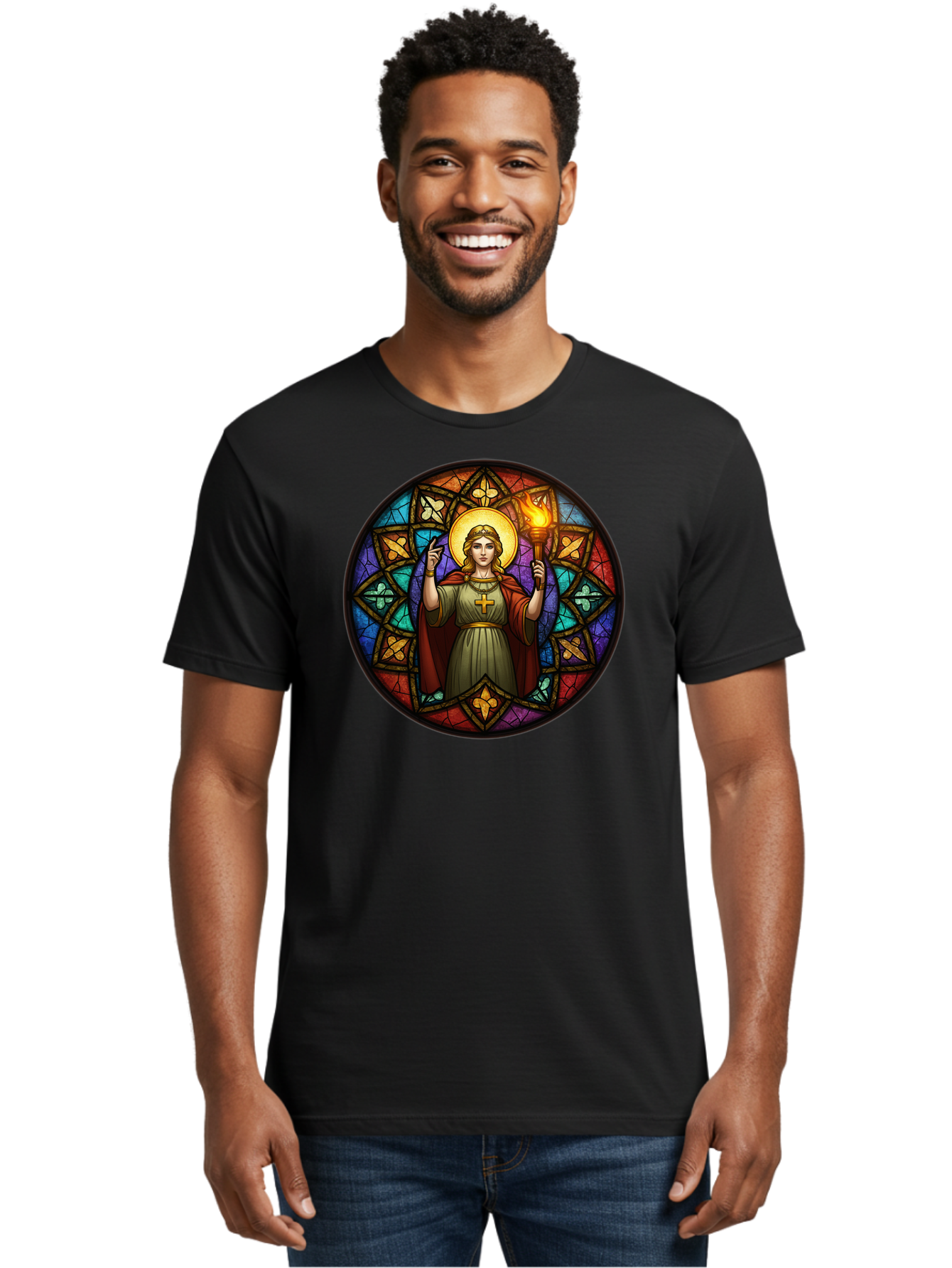Saint-With-Torch-Stained-Glass Men'S Graphic Tee, 100% Cotton, Comfortable Casual Summer Wear, Machine Washable, Stained Glass Window, Saint With Torch, Cross Pendant, Floral Patterns, Vibrant Colors, Religious Art, Sacred Imagery, Bad505