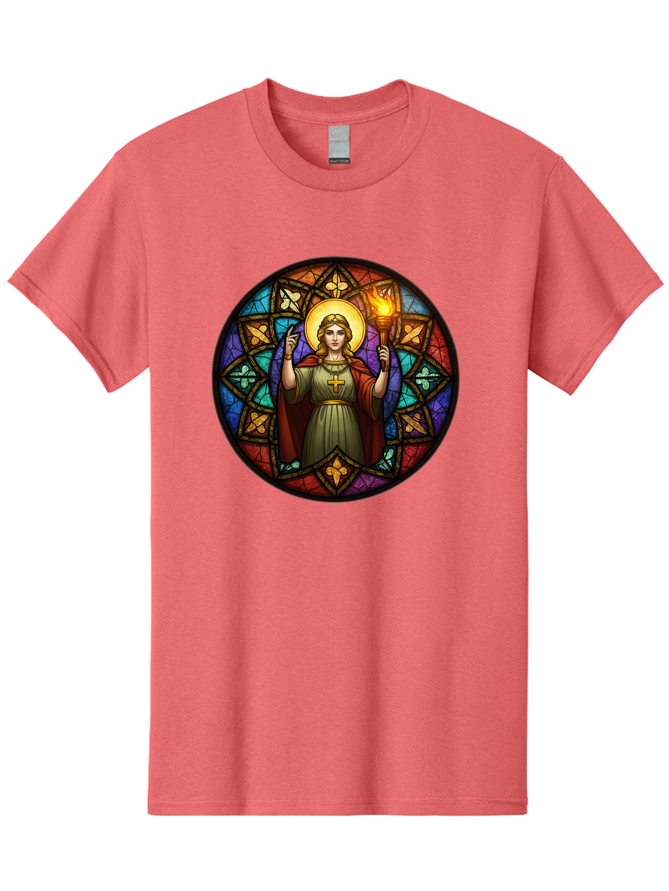 Saint-With-Torch-Stained-Glass Men'S Graphic Tee, 100% Cotton, Comfortable Casual Summer Wear, Machine Washable, Stained Glass Window, Saint With Torch, Cross Pendant, Floral Patterns, Vibrant Colors, Religious Art, Sacred Imagery, Bad505