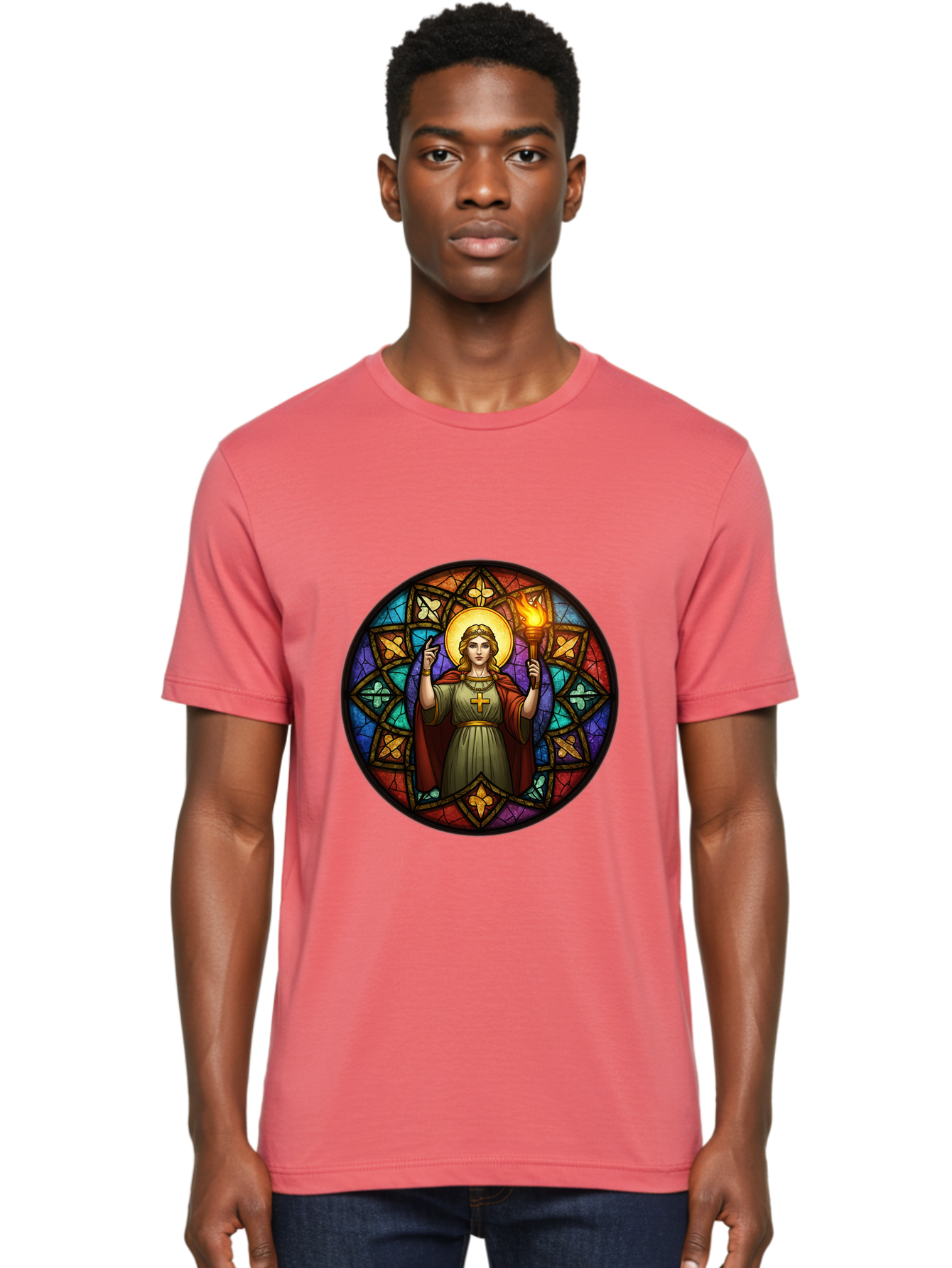 Saint-With-Torch-Stained-Glass Men'S Graphic Tee, 100% Cotton, Comfortable Casual Summer Wear, Machine Washable, Stained Glass Window, Saint With Torch, Cross Pendant, Floral Patterns, Vibrant Colors, Religious Art, Sacred Imagery, Bad505