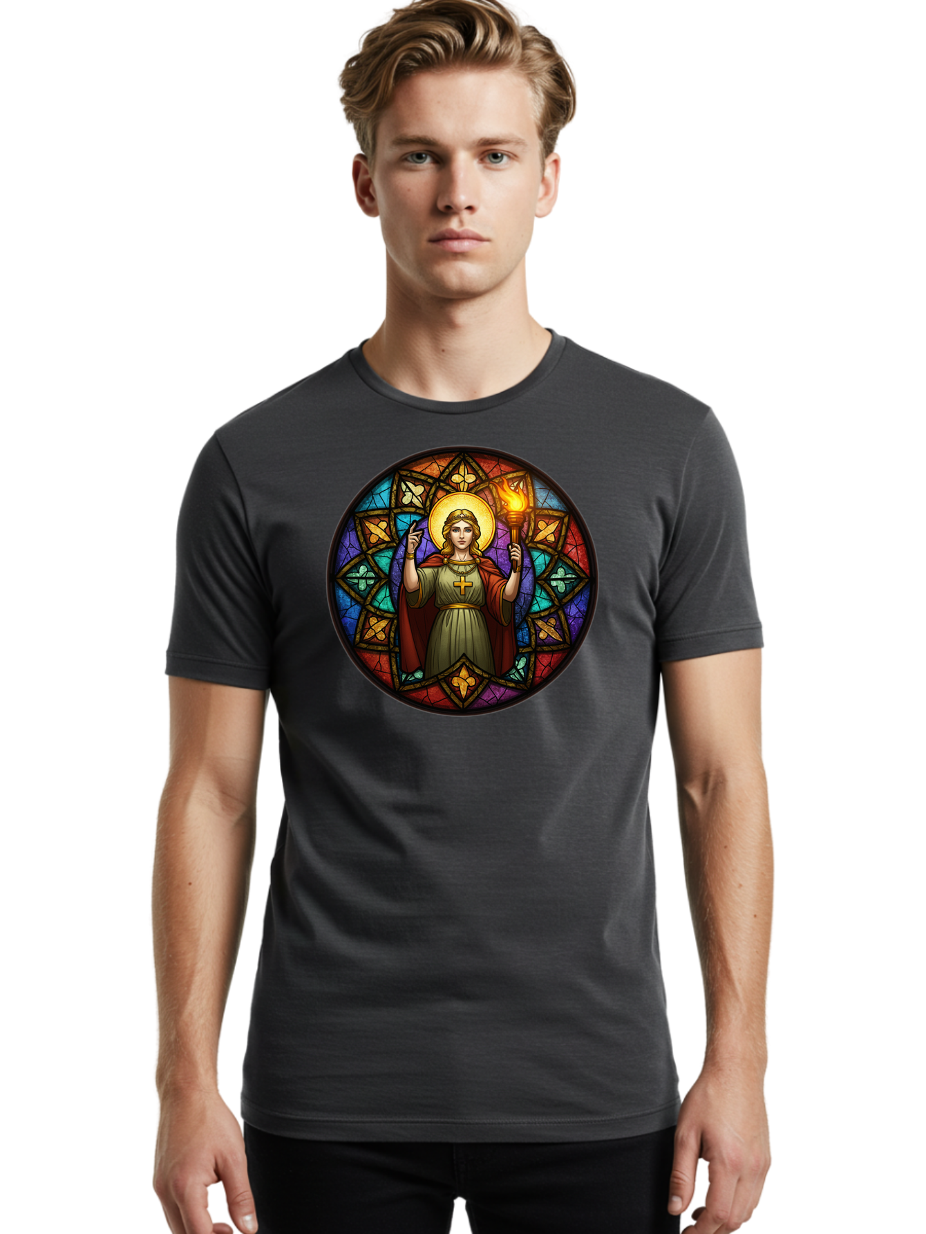 Saint-With-Torch-Stained-Glass Men'S Graphic Tee, 100% Cotton, Comfortable Casual Summer Wear, Machine Washable, Stained Glass Window, Saint With Torch, Cross Pendant, Floral Patterns, Vibrant Colors, Religious Art, Sacred Imagery, Bad505