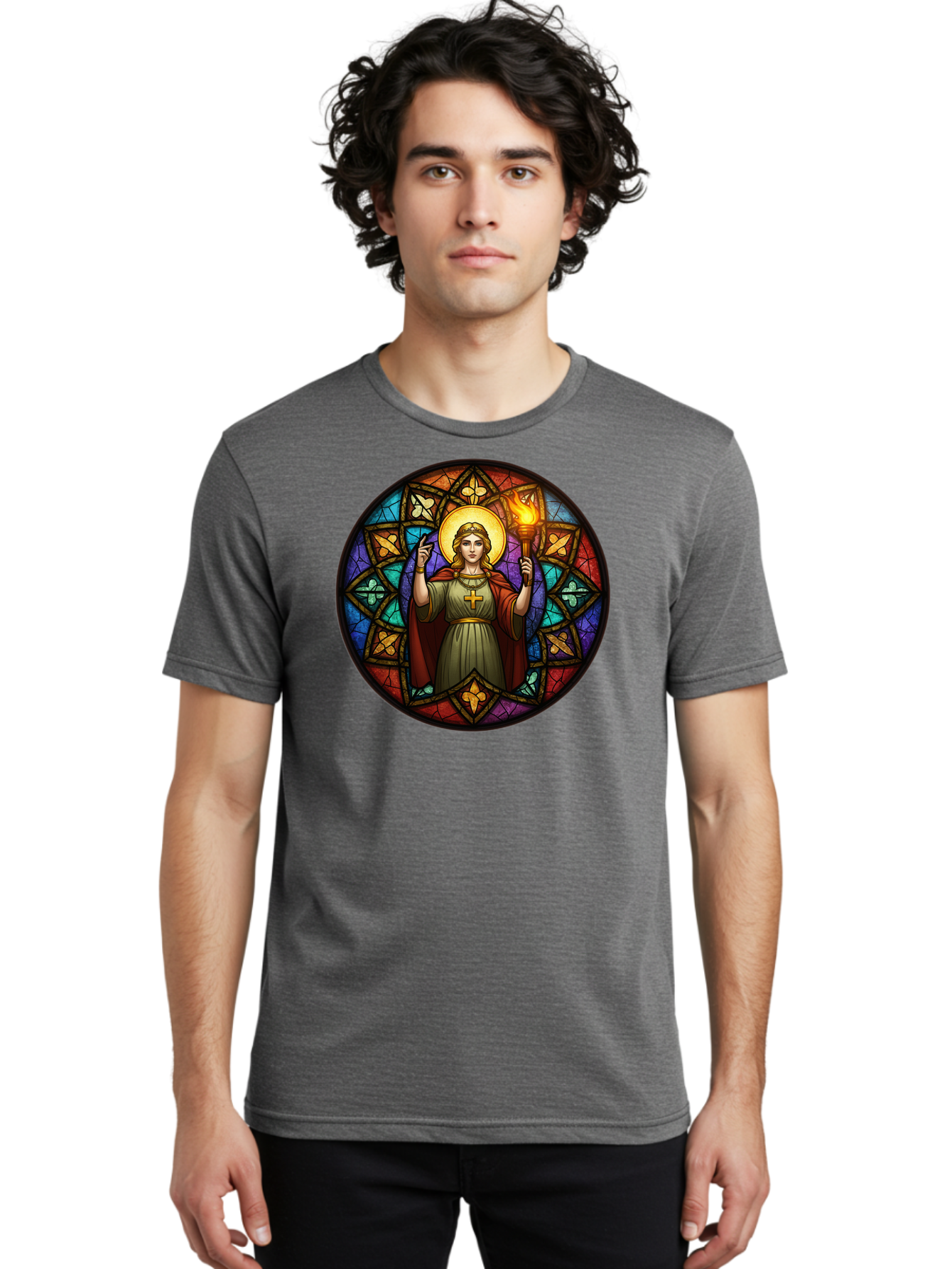 Saint-With-Torch-Stained-Glass Men'S Graphic Tee, 100% Cotton, Comfortable Casual Summer Wear, Machine Washable, Stained Glass Window, Saint With Torch, Cross Pendant, Floral Patterns, Vibrant Colors, Religious Art, Sacred Imagery, Bad505