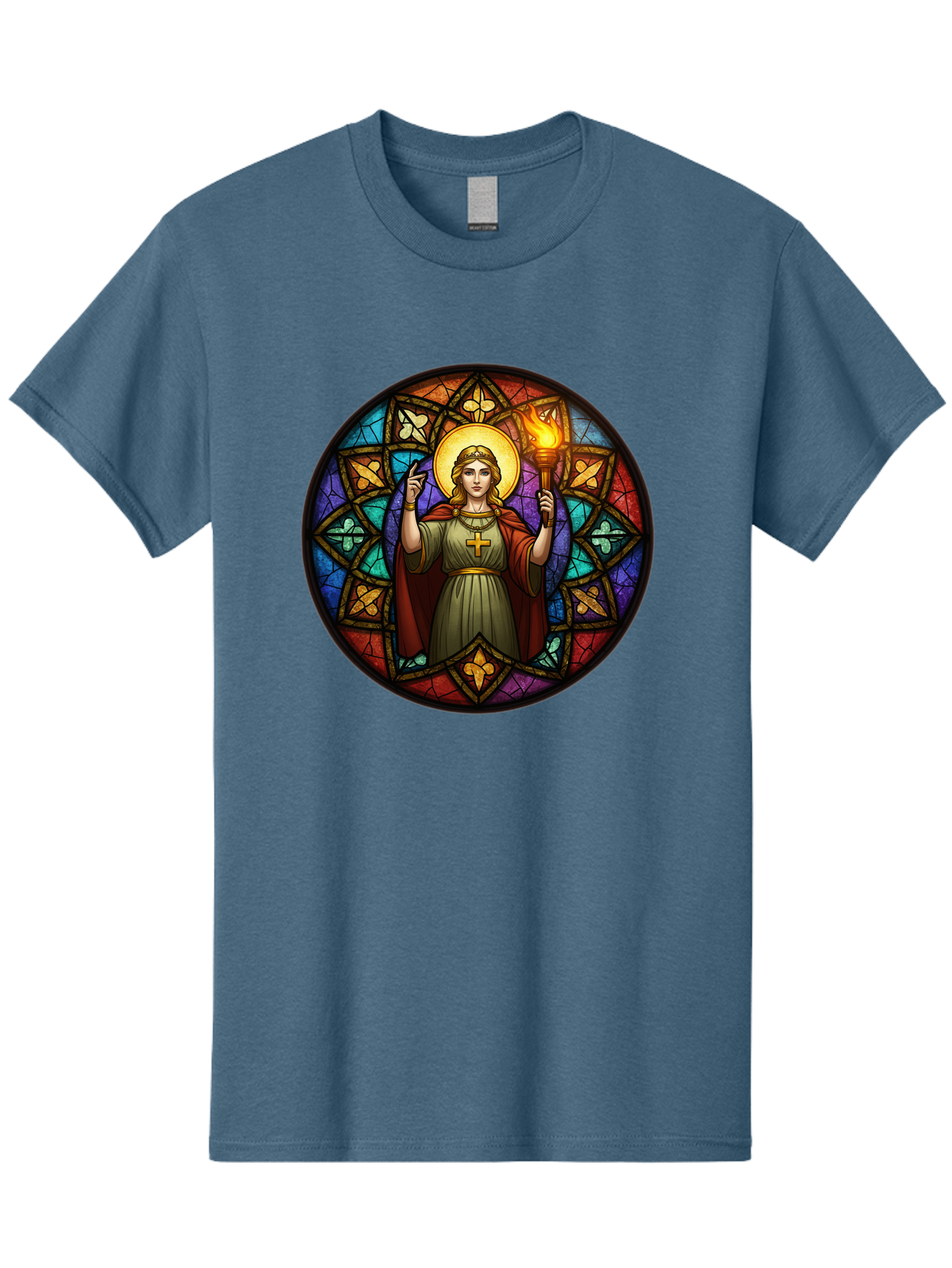 Saint-With-Torch-Stained-Glass Men'S Graphic Tee, 100% Cotton, Comfortable Casual Summer Wear, Machine Washable, Stained Glass Window, Saint With Torch, Cross Pendant, Floral Patterns, Vibrant Colors, Religious Art, Sacred Imagery, Bad505