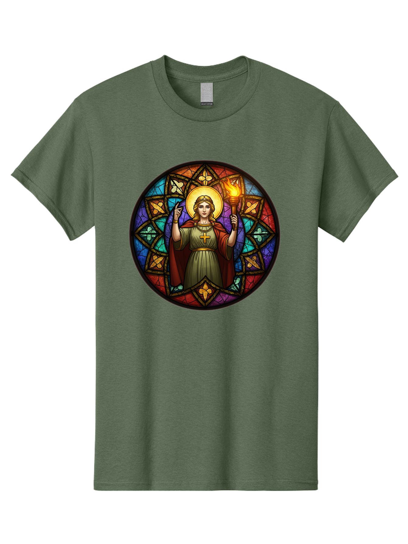 Saint-With-Torch-Stained-Glass Men'S Graphic Tee, 100% Cotton, Comfortable Casual Summer Wear, Machine Washable, Stained Glass Window, Saint With Torch, Cross Pendant, Floral Patterns, Vibrant Colors, Religious Art, Sacred Imagery, Bad505