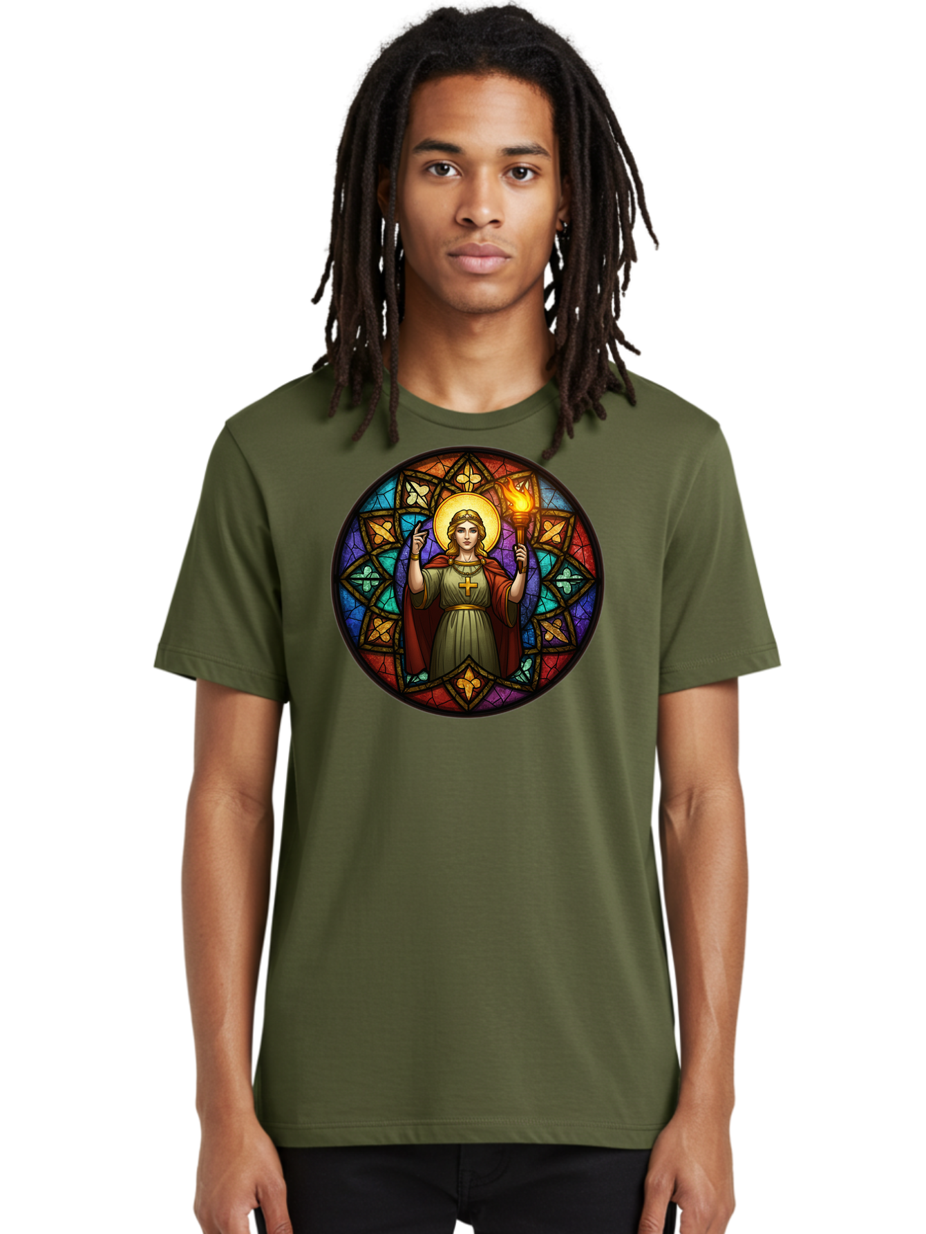 Saint-With-Torch-Stained-Glass Men'S Graphic Tee, 100% Cotton, Comfortable Casual Summer Wear, Machine Washable, Stained Glass Window, Saint With Torch, Cross Pendant, Floral Patterns, Vibrant Colors, Religious Art, Sacred Imagery, Bad505