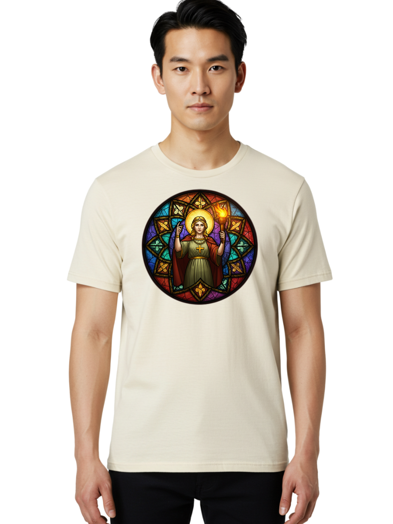 Saint-With-Torch-Stained-Glass Men'S Graphic Tee, 100% Cotton, Comfortable Casual Summer Wear, Machine Washable, Stained Glass Window, Saint With Torch, Cross Pendant, Floral Patterns, Vibrant Colors, Religious Art, Sacred Imagery, Bad505