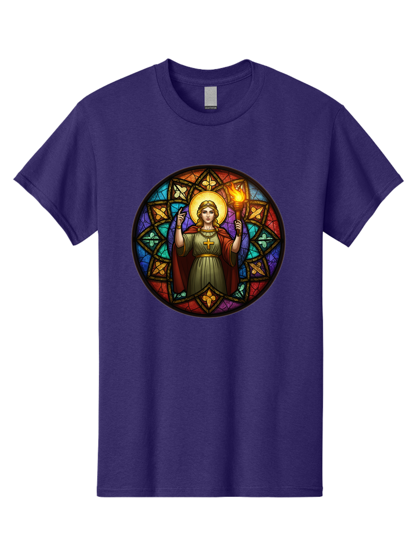 Saint-With-Torch-Stained-Glass Men'S Graphic Tee, 100% Cotton, Comfortable Casual Summer Wear, Machine Washable, Stained Glass Window, Saint With Torch, Cross Pendant, Floral Patterns, Vibrant Colors, Religious Art, Sacred Imagery, Bad505
