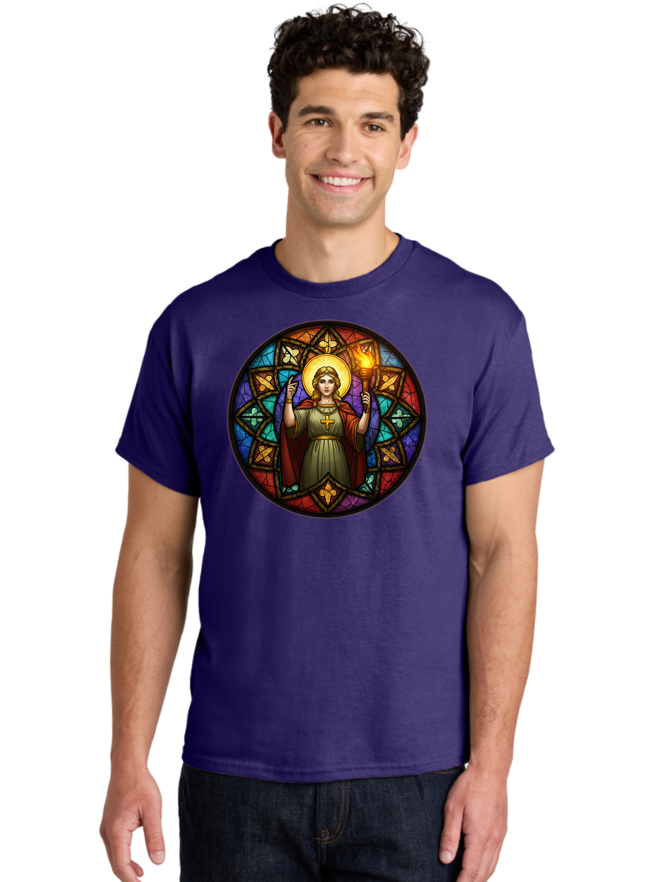 Saint-With-Torch-Stained-Glass Men'S Graphic Tee, 100% Cotton, Comfortable Casual Summer Wear, Machine Washable, Stained Glass Window, Saint With Torch, Cross Pendant, Floral Patterns, Vibrant Colors, Religious Art, Sacred Imagery, Bad505