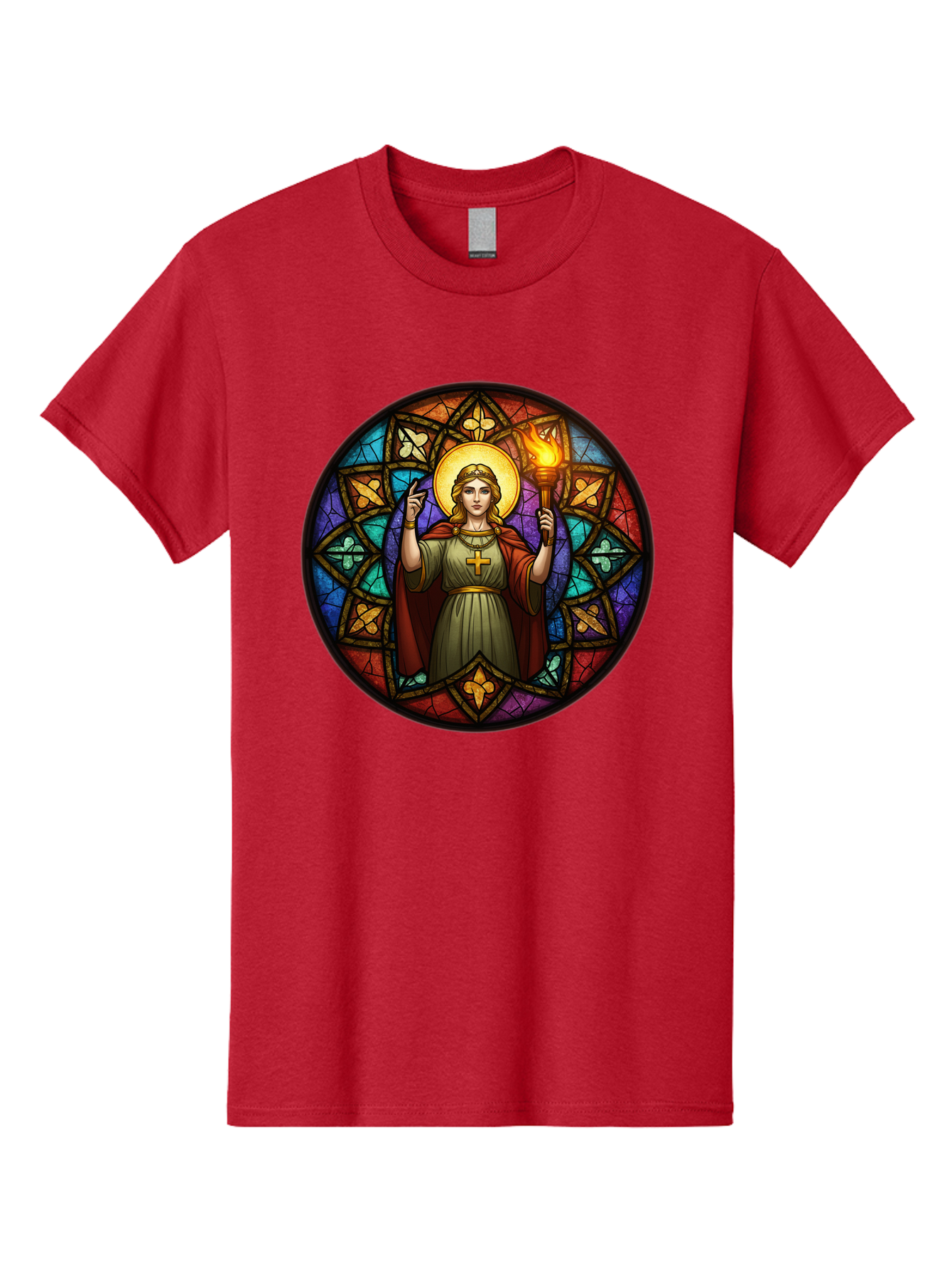 Saint-With-Torch-Stained-Glass Men'S Graphic Tee, 100% Cotton, Comfortable Casual Summer Wear, Machine Washable, Stained Glass Window, Saint With Torch, Cross Pendant, Floral Patterns, Vibrant Colors, Religious Art, Sacred Imagery, Bad505