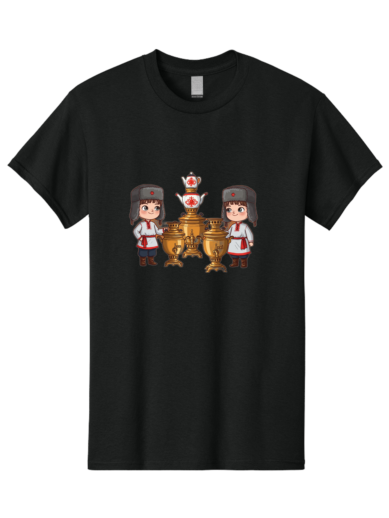 Samovar-Boys Men'S Graphic Tee, 100% Cotton, Comfortable Casual Summer Wear, Machine Washable, Traditional Russian Samovar, Vintage Tea Kettle, Copper Urns, Folk Costumes, Young Girls, Red Accents, Cultural Heritage, Russian Culture, Bad508
