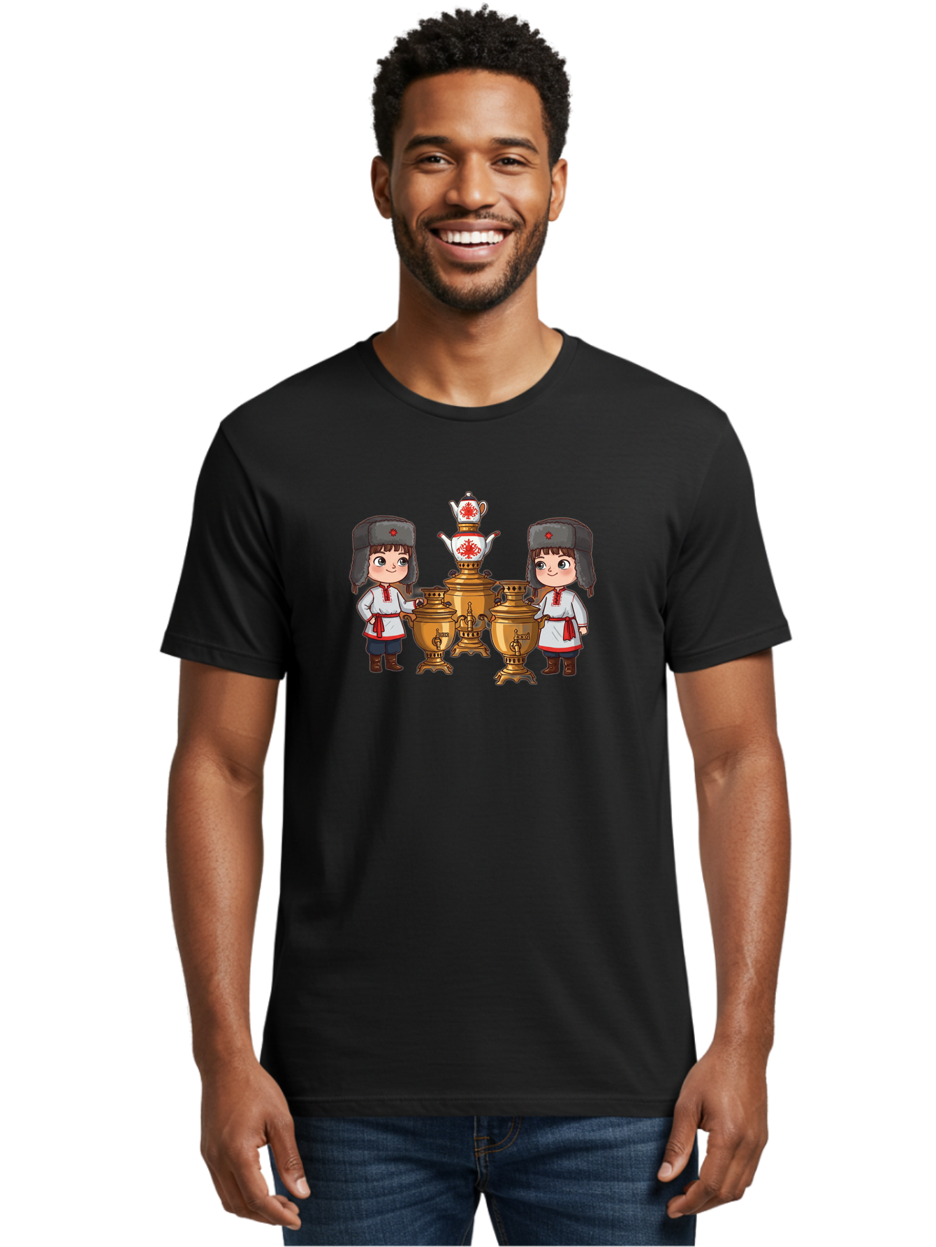 Samovar-Boys Men'S Graphic Tee, 100% Cotton, Comfortable Casual Summer Wear, Machine Washable, Traditional Russian Samovar, Vintage Tea Kettle, Copper Urns, Folk Costumes, Young Girls, Red Accents, Cultural Heritage, Russian Culture, Bad508