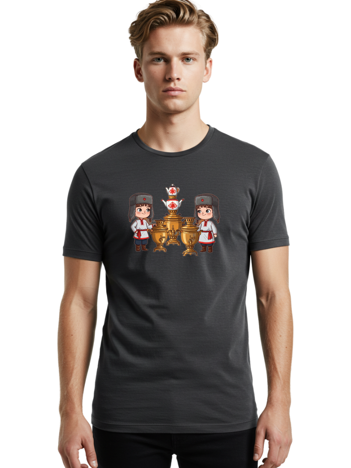 Samovar-Boys Men'S Graphic Tee, 100% Cotton, Comfortable Casual Summer Wear, Machine Washable, Traditional Russian Samovar, Vintage Tea Kettle, Copper Urns, Folk Costumes, Young Girls, Red Accents, Cultural Heritage, Russian Culture, Bad508