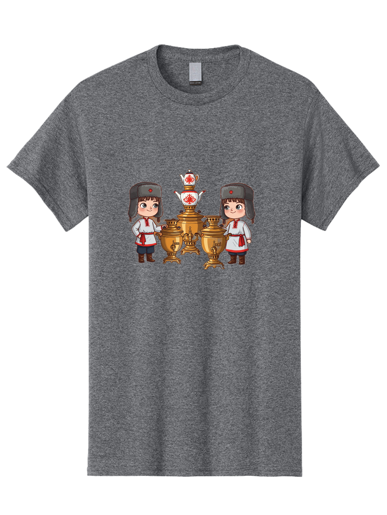 Samovar-Boys Men'S Graphic Tee, 100% Cotton, Comfortable Casual Summer Wear, Machine Washable, Traditional Russian Samovar, Vintage Tea Kettle, Copper Urns, Folk Costumes, Young Girls, Red Accents, Cultural Heritage, Russian Culture, Bad508