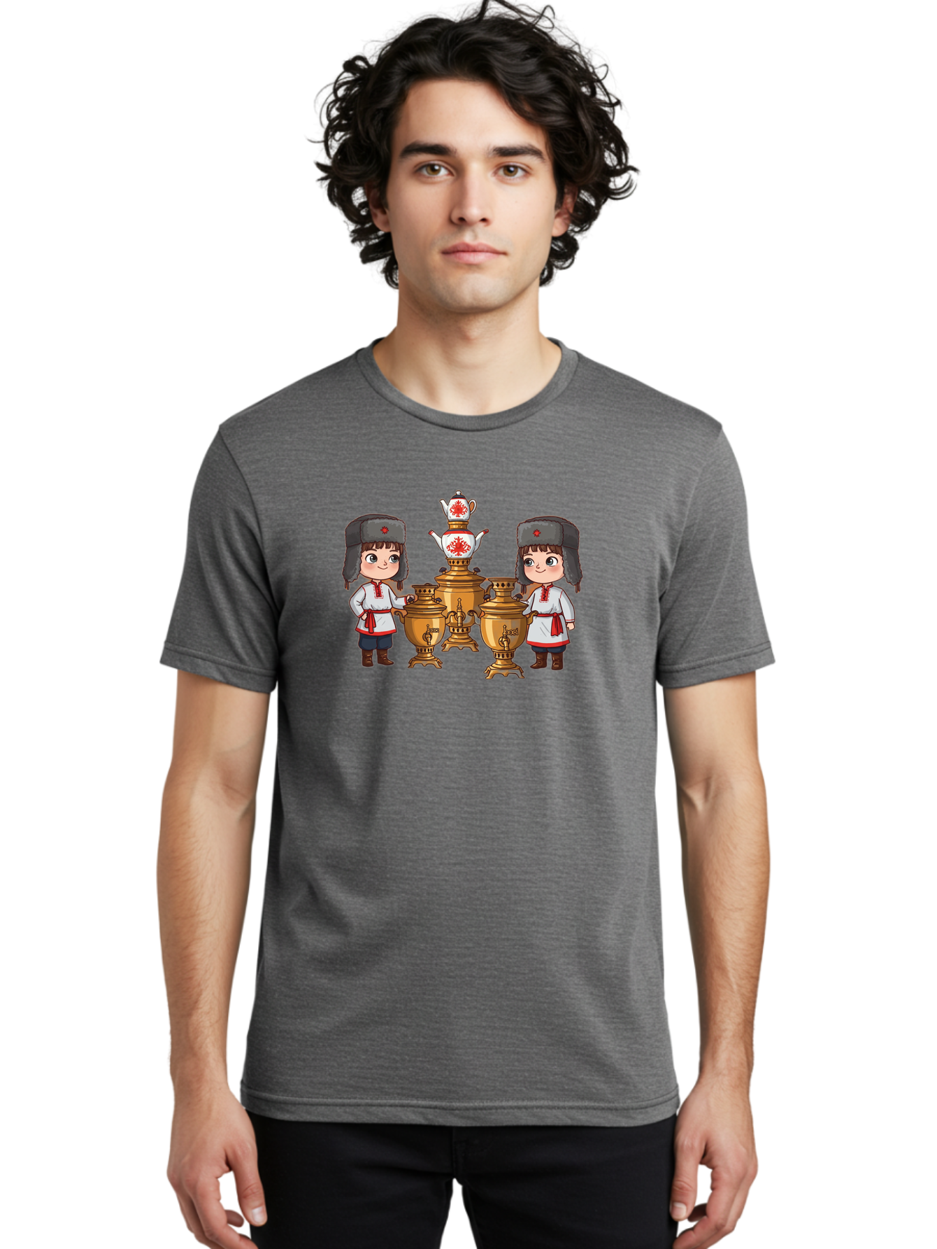 Samovar-Boys Men'S Graphic Tee, 100% Cotton, Comfortable Casual Summer Wear, Machine Washable, Traditional Russian Samovar, Vintage Tea Kettle, Copper Urns, Folk Costumes, Young Girls, Red Accents, Cultural Heritage, Russian Culture, Bad508