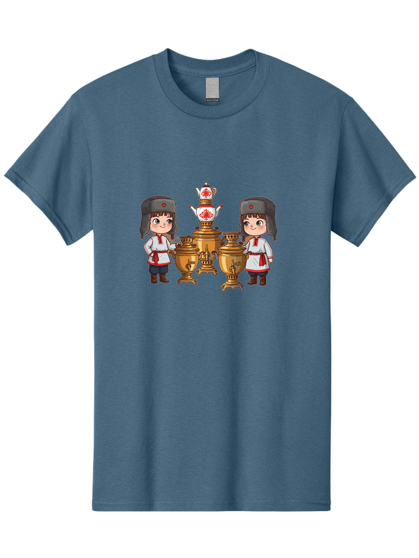 Samovar-Boys Men'S Graphic Tee, 100% Cotton, Comfortable Casual Summer Wear, Machine Washable, Traditional Russian Samovar, Vintage Tea Kettle, Copper Urns, Folk Costumes, Young Girls, Red Accents, Cultural Heritage, Russian Culture, Bad508