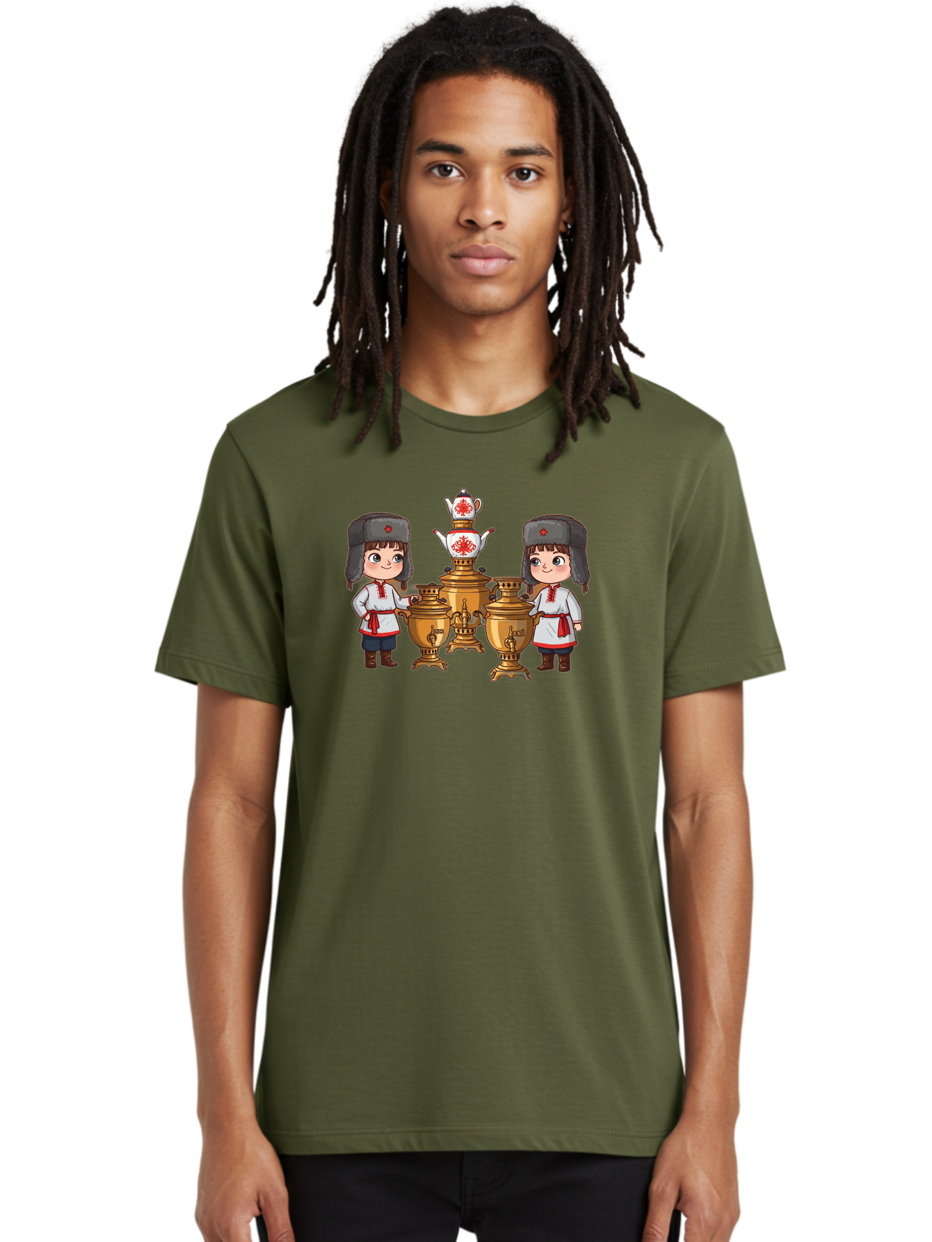 Samovar-Boys Men'S Graphic Tee, 100% Cotton, Comfortable Casual Summer Wear, Machine Washable, Traditional Russian Samovar, Vintage Tea Kettle, Copper Urns, Folk Costumes, Young Girls, Red Accents, Cultural Heritage, Russian Culture, Bad508