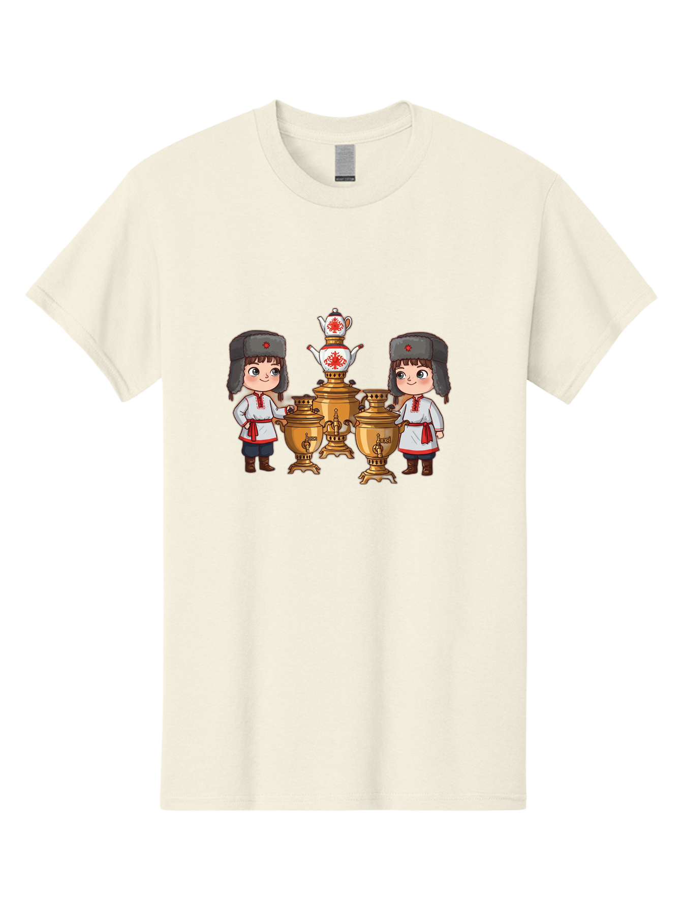 Samovar-Boys Men'S Graphic Tee, 100% Cotton, Comfortable Casual Summer Wear, Machine Washable, Traditional Russian Samovar, Vintage Tea Kettle, Copper Urns, Folk Costumes, Young Girls, Red Accents, Cultural Heritage, Russian Culture, Bad508