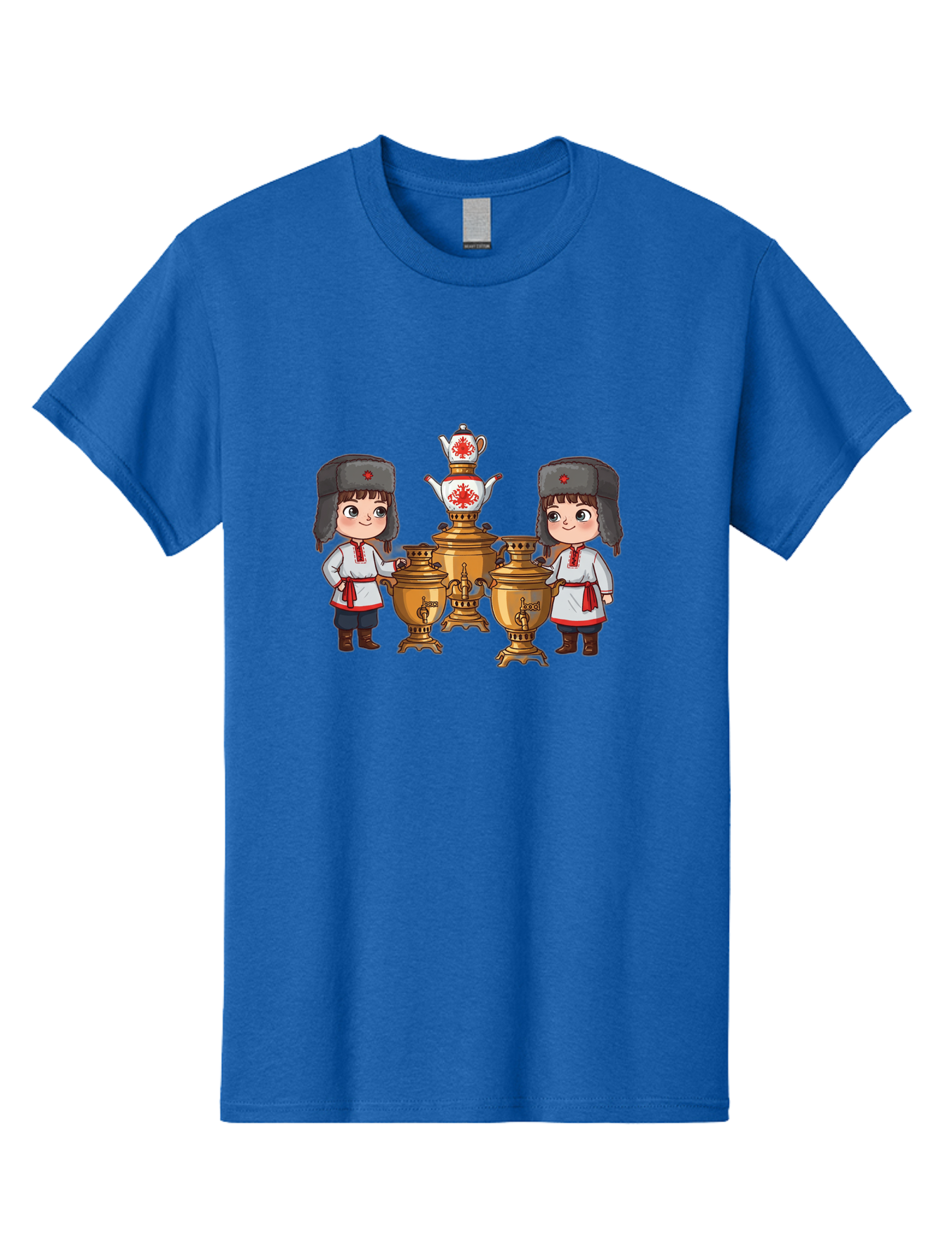 Samovar-Boys Men'S Graphic Tee, 100% Cotton, Comfortable Casual Summer Wear, Machine Washable, Traditional Russian Samovar, Vintage Tea Kettle, Copper Urns, Folk Costumes, Young Girls, Red Accents, Cultural Heritage, Russian Culture, Bad508