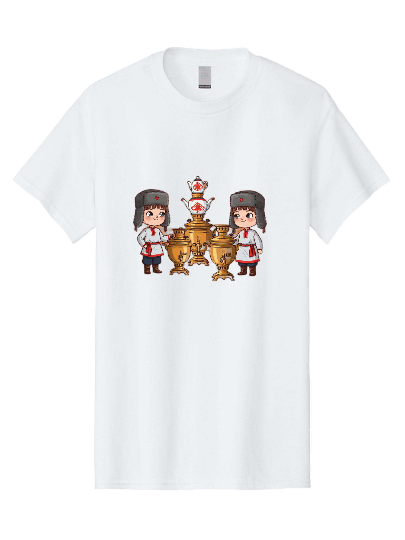 Samovar-Boys Men'S Graphic Tee, 100% Cotton, Comfortable Casual Summer Wear, Machine Washable, Traditional Russian Samovar, Vintage Tea Kettle, Copper Urns, Folk Costumes, Young Girls, Red Accents, Cultural Heritage, Russian Culture, Bad508