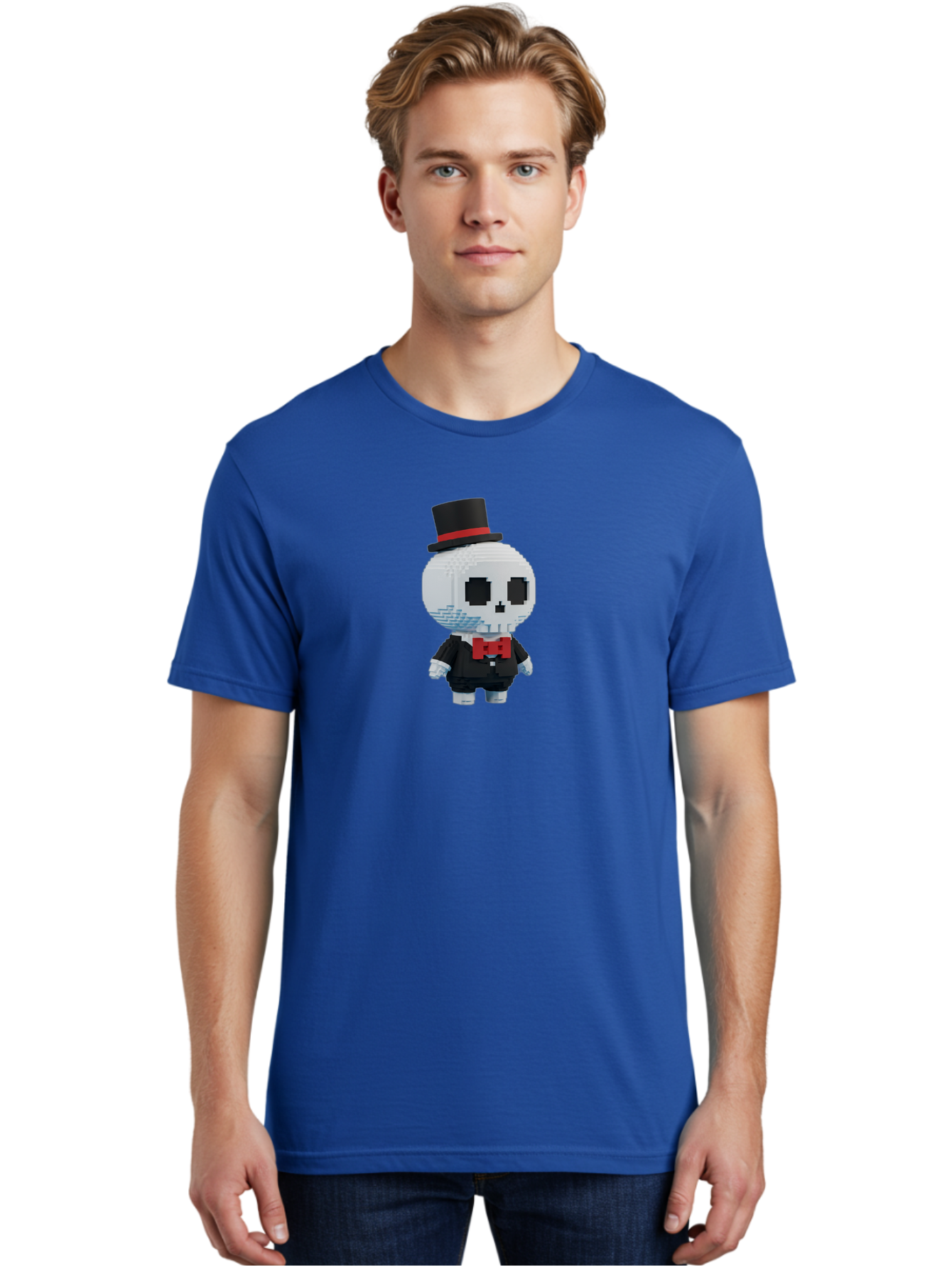 Sans-By-Toby-Fox Men'S Graphic Tee, 100% Cotton, Comfortable Casual Summer Wear, Machine Washable, Pixel Art Skeleton, 8-Bit Character, Top Hat, Red Bow Tie, Black Tuxedo, Gothic Style, Digital Art, Cartoon Character, Pixelated Graphics Bad509