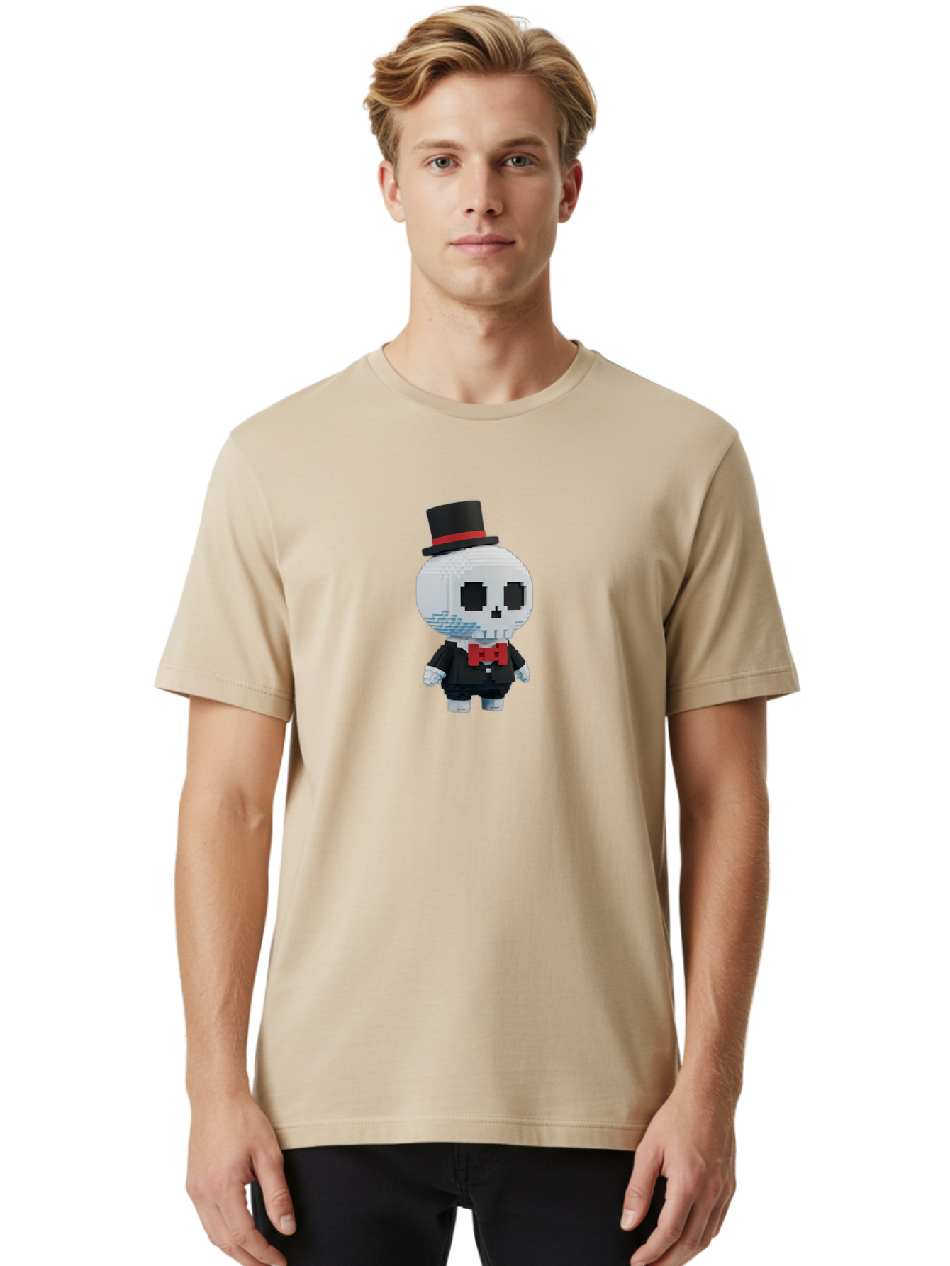 Sans-By-Toby-Fox Men'S Graphic Tee, 100% Cotton, Comfortable Casual Summer Wear, Machine Washable, Pixel Art Skeleton, 8-Bit Character, Top Hat, Red Bow Tie, Black Tuxedo, Gothic Style, Digital Art, Cartoon Character, Pixelated Graphics Bad509