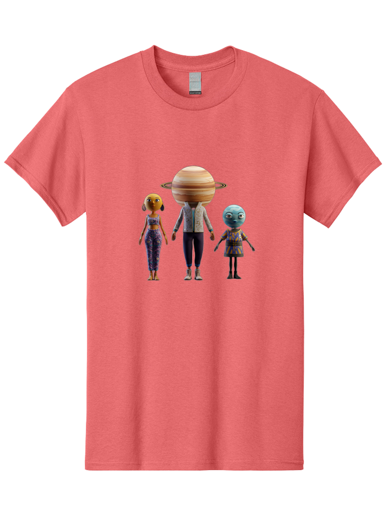 Saturn-Character-Trio Men'S Graphic Tee, 100% Cotton, Comfortable Casual Summer Wear, Machine Washable, Cartoon Characters, Futuristic Fashion, Space-Themed, Saturn Head, Planetary Rings, Alien Features, Colorful Outfits, 3D Rendering, Bad510