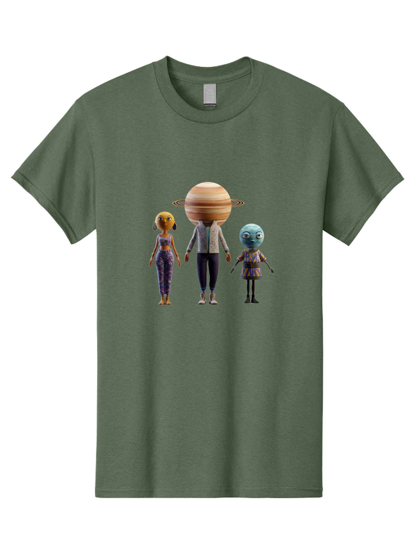 Saturn-Character-Trio Men'S Graphic Tee, 100% Cotton, Comfortable Casual Summer Wear, Machine Washable, Cartoon Characters, Futuristic Fashion, Space-Themed, Saturn Head, Planetary Rings, Alien Features, Colorful Outfits, 3D Rendering, Bad510