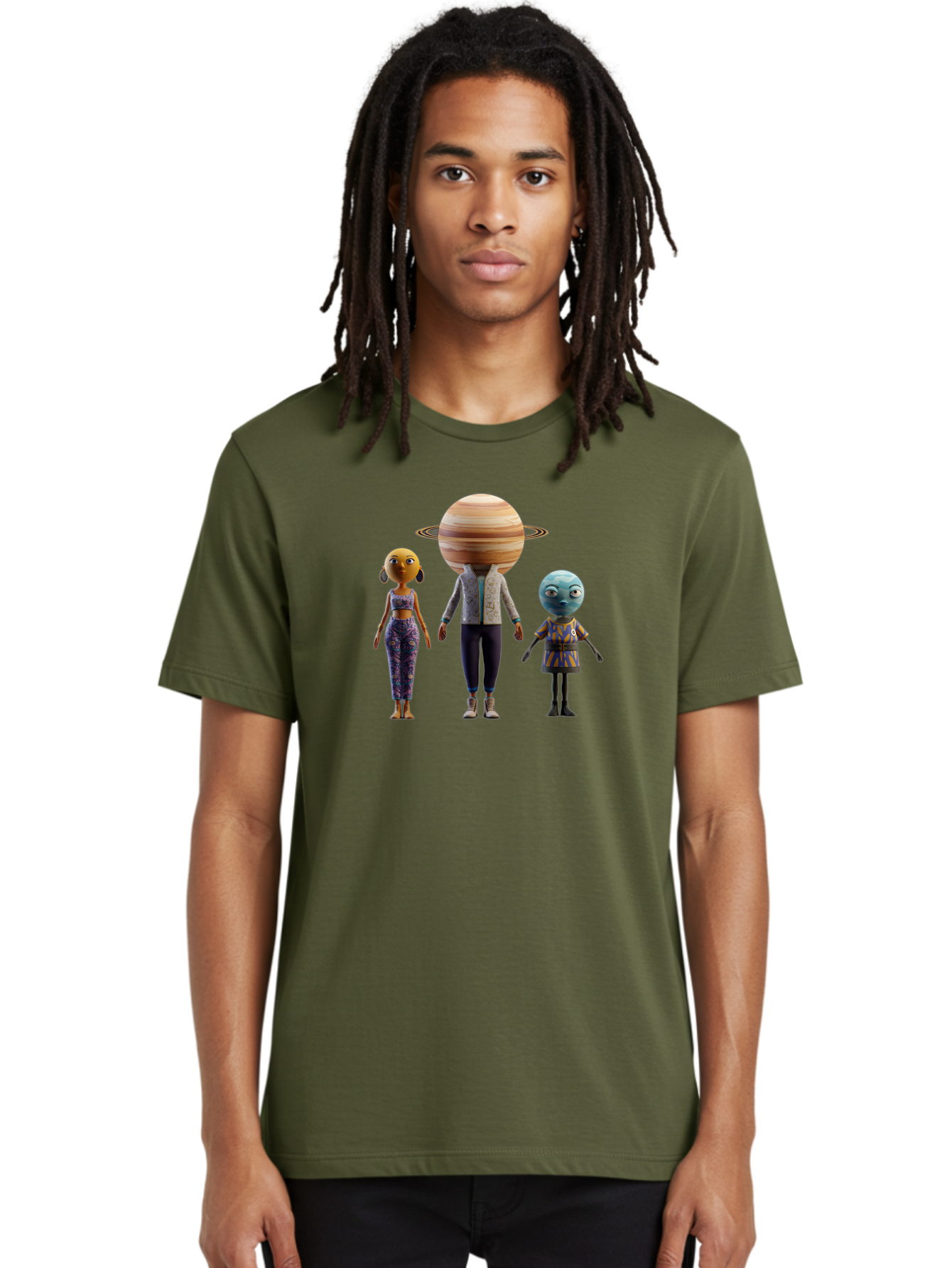 Saturn-Character-Trio Men'S Graphic Tee, 100% Cotton, Comfortable Casual Summer Wear, Machine Washable, Cartoon Characters, Futuristic Fashion, Space-Themed, Saturn Head, Planetary Rings, Alien Features, Colorful Outfits, 3D Rendering, Bad510