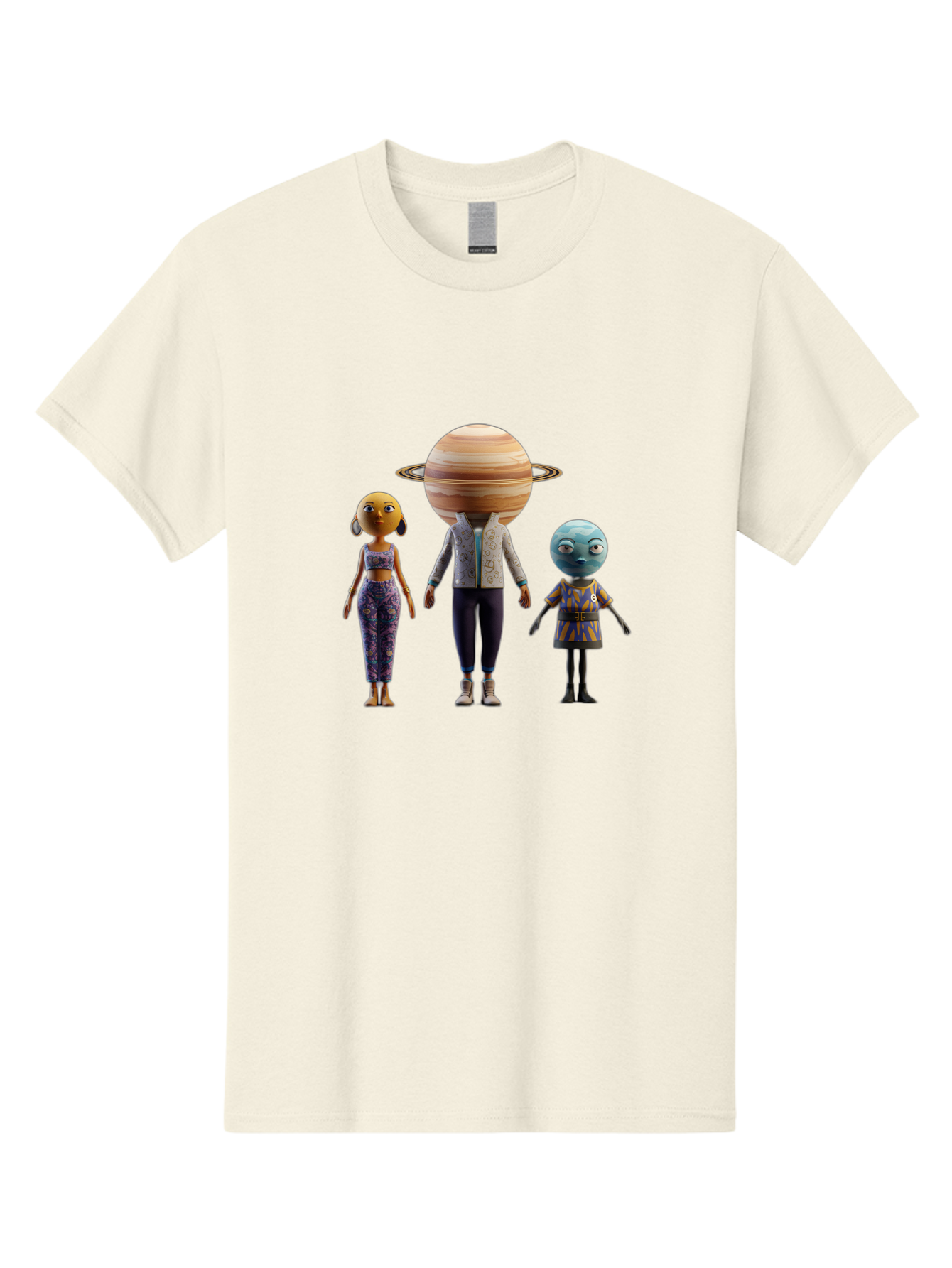 Saturn-Character-Trio Men'S Graphic Tee, 100% Cotton, Comfortable Casual Summer Wear, Machine Washable, Cartoon Characters, Futuristic Fashion, Space-Themed, Saturn Head, Planetary Rings, Alien Features, Colorful Outfits, 3D Rendering, Bad510