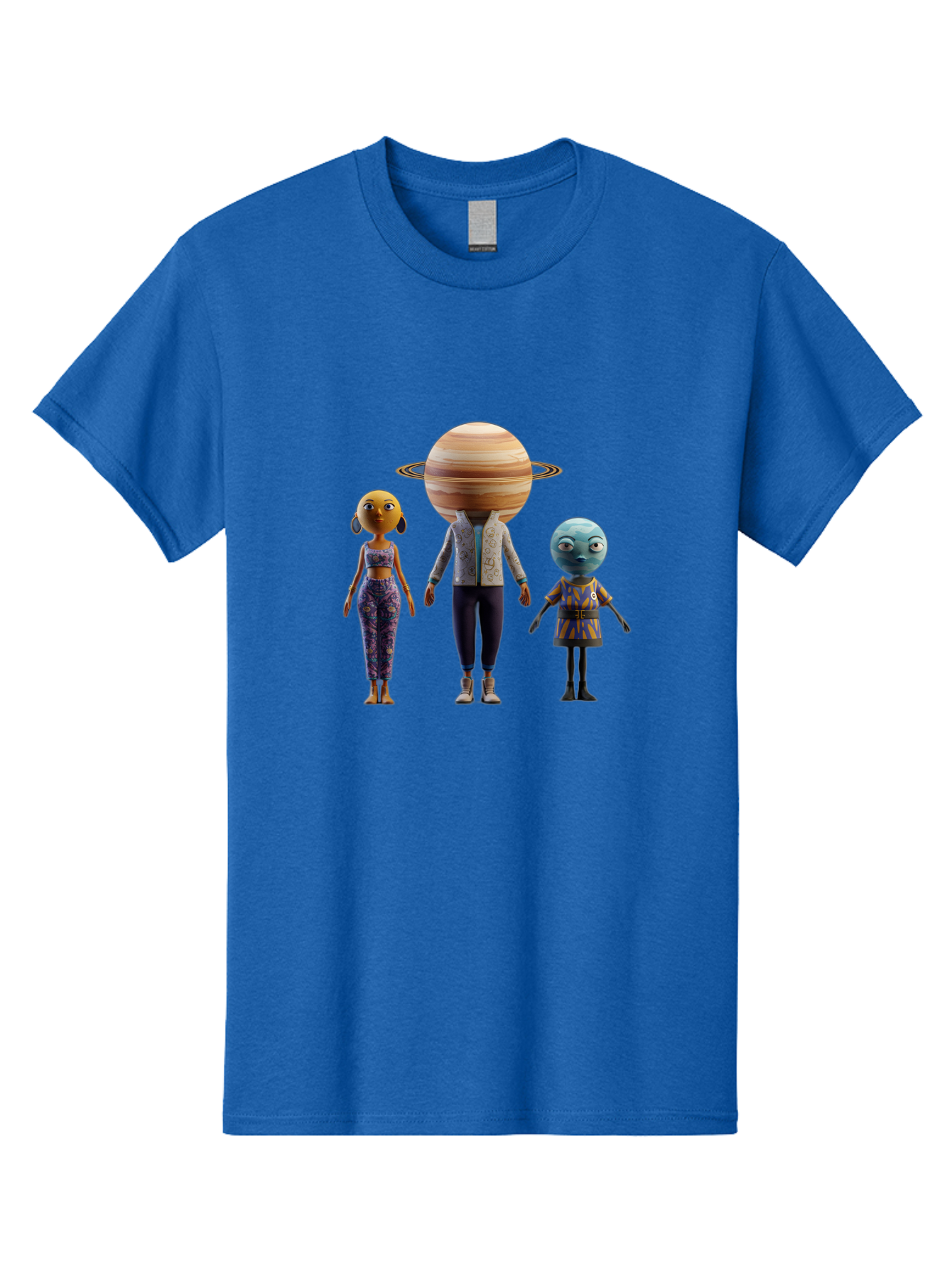Saturn-Character-Trio Men'S Graphic Tee, 100% Cotton, Comfortable Casual Summer Wear, Machine Washable, Cartoon Characters, Futuristic Fashion, Space-Themed, Saturn Head, Planetary Rings, Alien Features, Colorful Outfits, 3D Rendering, Bad510