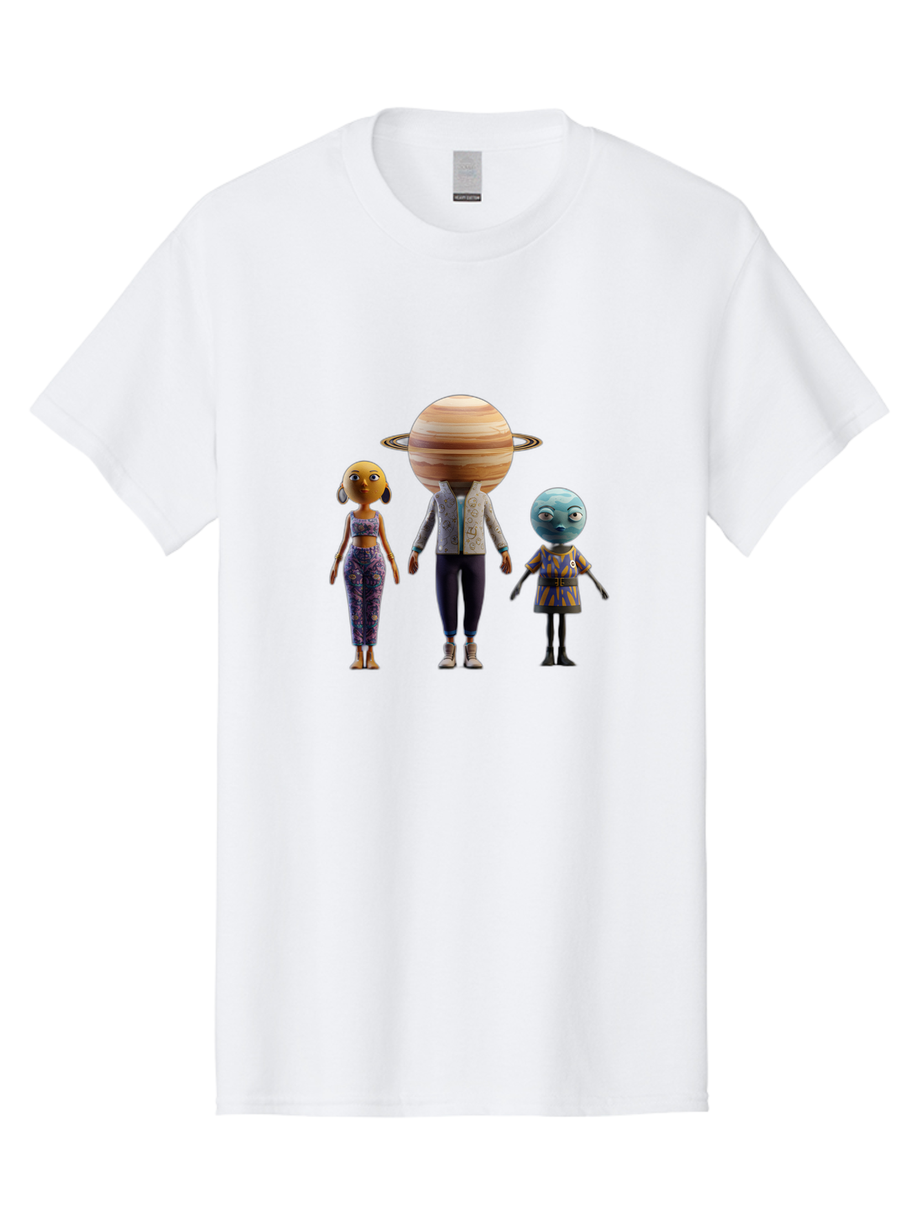 Saturn-Character-Trio Men'S Graphic Tee, 100% Cotton, Comfortable Casual Summer Wear, Machine Washable, Cartoon Characters, Futuristic Fashion, Space-Themed, Saturn Head, Planetary Rings, Alien Features, Colorful Outfits, 3D Rendering, Bad510