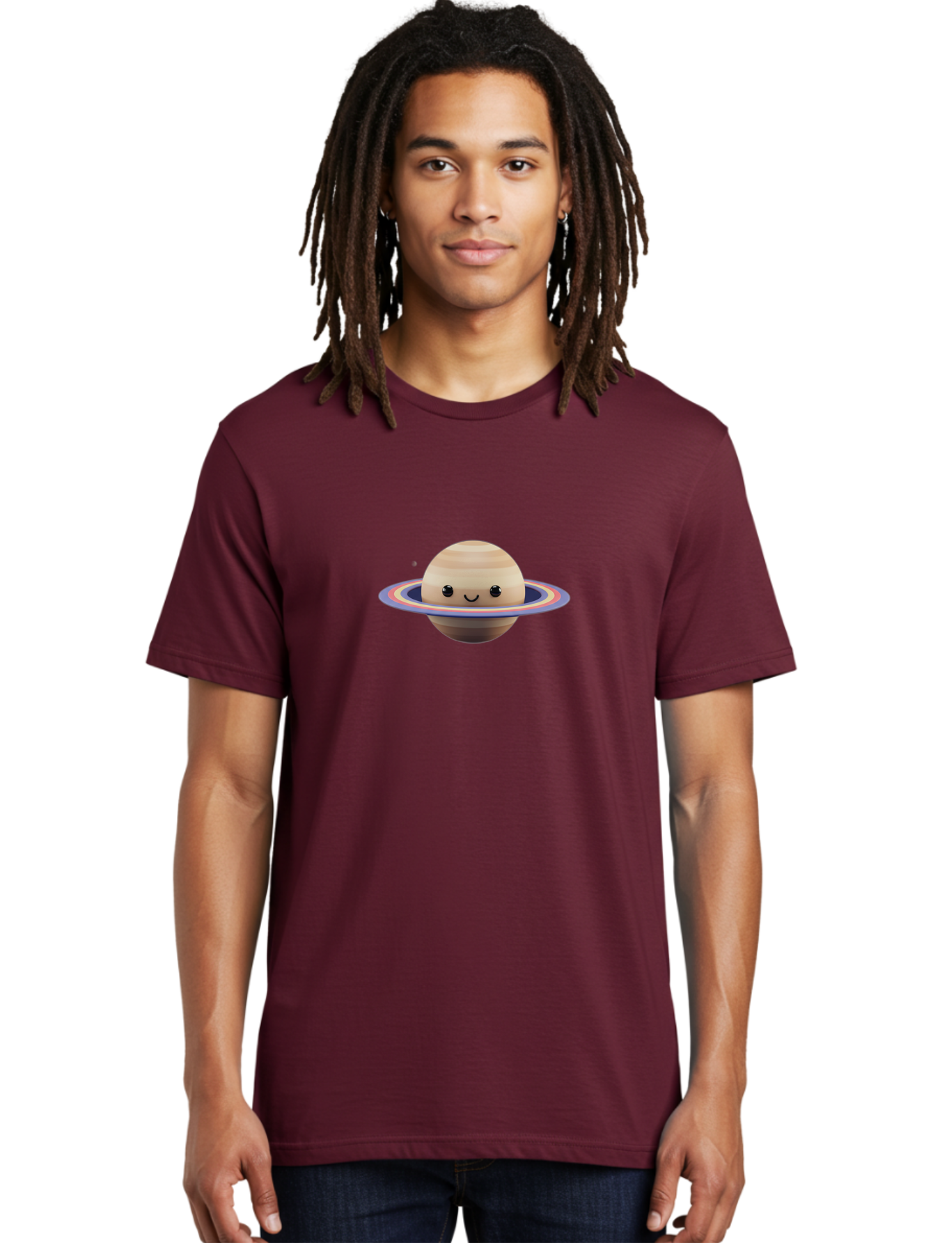 Saturn Men'S Graphic Tee, 100% Cotton, Comfortable Casual Summer Wear, Machine Washable, Cartoon Saturn, Smiling Planet, Kawaii Space, Colorful Rings, Space Illustration, Cute Saturn, Happy Face, Pastel Colors, Ringed Planet, Whimsical Art Bad511