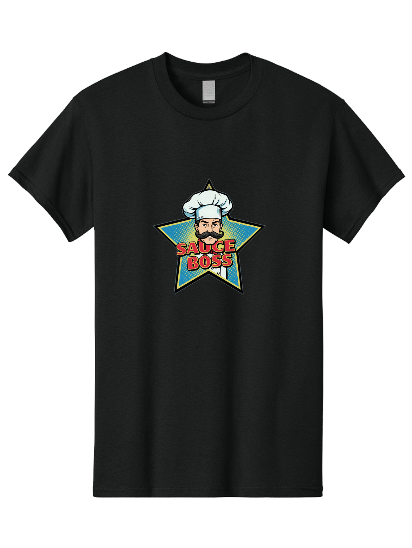 Sauce-Boss Men'S Graphic Tee, 100% Cotton, Comfortable Casual Summer Wear, Machine Washable, Cartoon Chef, White Hat, Mustache, Star Badge, Sauce Boss, Food Logo, Culinary Expert, Restaurant Branding, Chef Character Bad512
