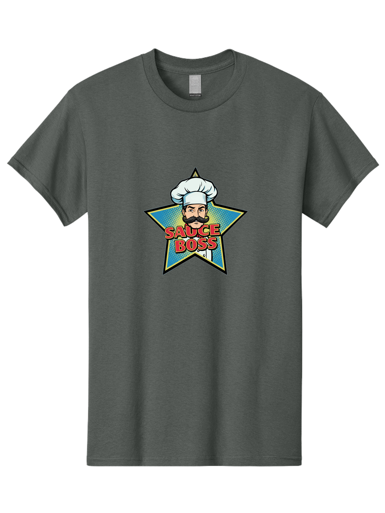 Sauce-Boss Men'S Graphic Tee, 100% Cotton, Comfortable Casual Summer Wear, Machine Washable, Cartoon Chef, White Hat, Mustache, Star Badge, Sauce Boss, Food Logo, Culinary Expert, Restaurant Branding, Chef Character Bad512