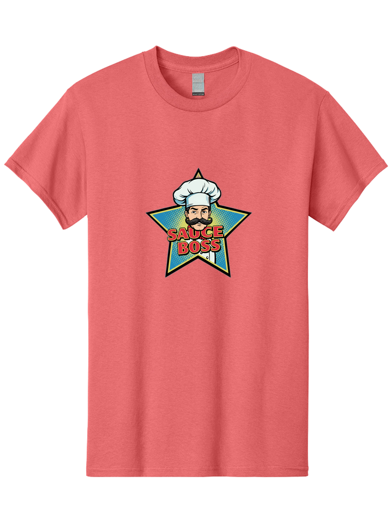 Sauce-Boss Men'S Graphic Tee, 100% Cotton, Comfortable Casual Summer Wear, Machine Washable, Cartoon Chef, White Hat, Mustache, Star Badge, Sauce Boss, Food Logo, Culinary Expert, Restaurant Branding, Chef Character Bad512