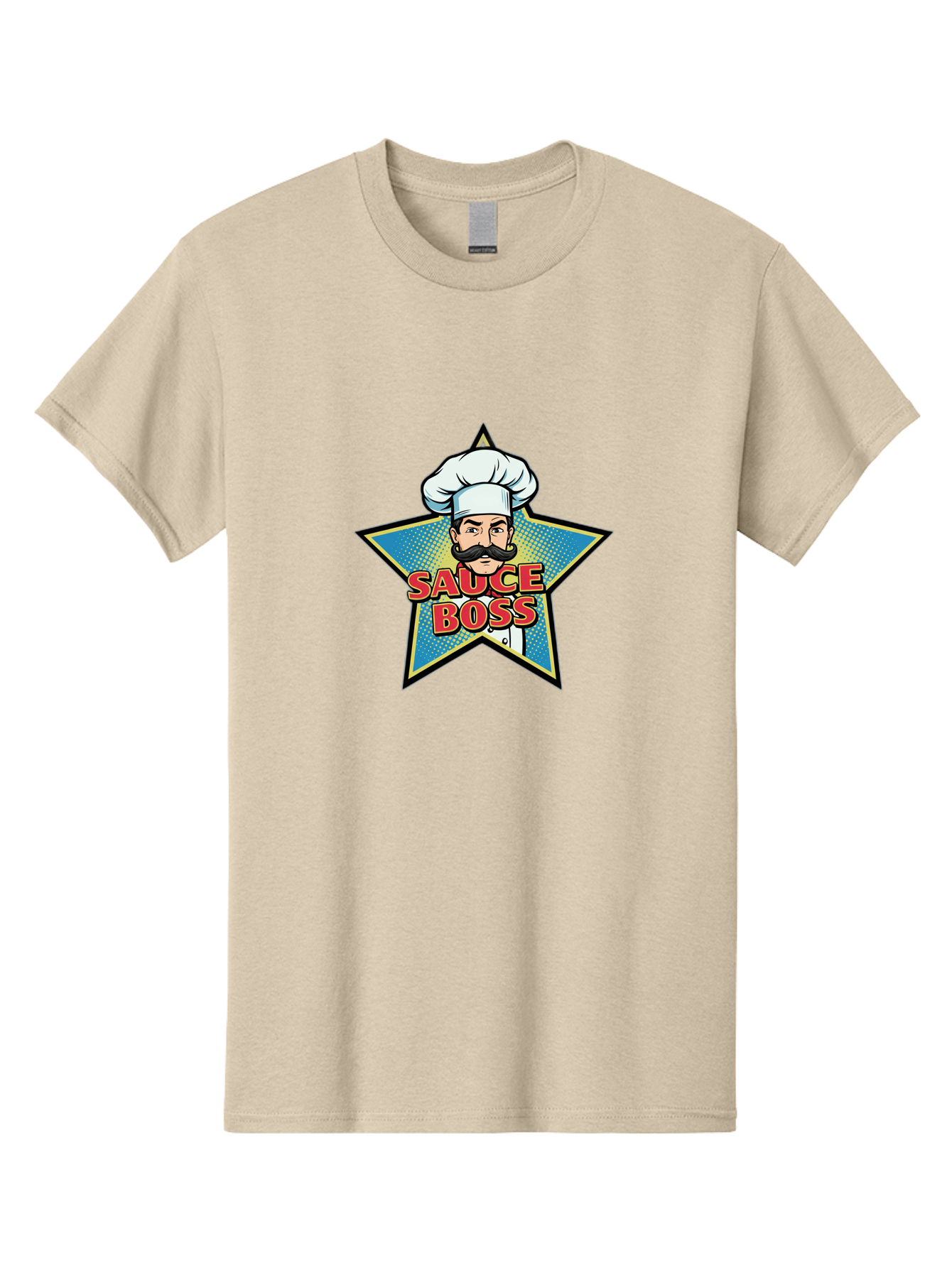 Sauce-Boss Men'S Graphic Tee, 100% Cotton, Comfortable Casual Summer Wear, Machine Washable, Cartoon Chef, White Hat, Mustache, Star Badge, Sauce Boss, Food Logo, Culinary Expert, Restaurant Branding, Chef Character Bad512