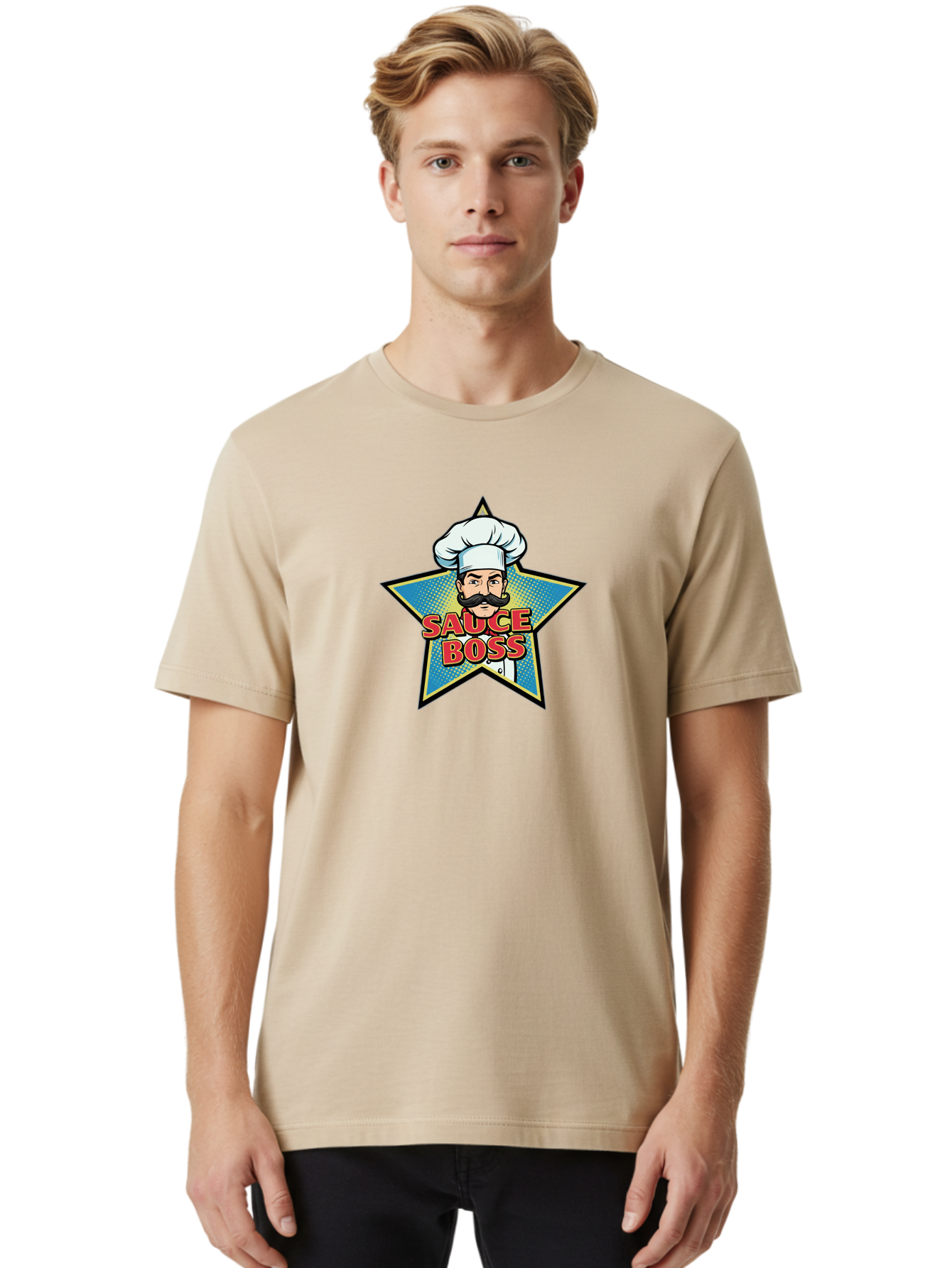 Sauce-Boss Men'S Graphic Tee, 100% Cotton, Comfortable Casual Summer Wear, Machine Washable, Cartoon Chef, White Hat, Mustache, Star Badge, Sauce Boss, Food Logo, Culinary Expert, Restaurant Branding, Chef Character Bad512